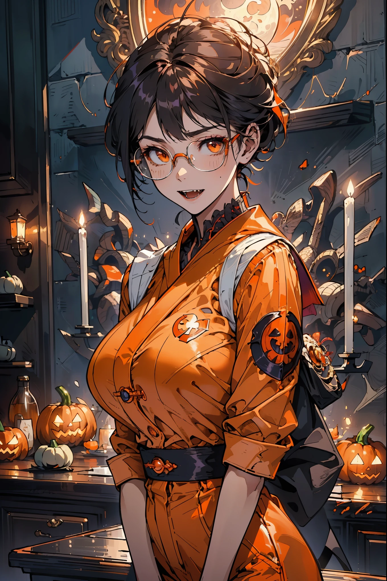 (Halloween Vampire Theme:1.3), Scary monsters, Upper body photo (elegant) Vampire woman standing on the roof under the red full moon, Vampire Fangs, ivory, Let me see your fangs, Wearing an orange Halloween costume, (The fusion of orange sailor suit and work pants:1.3), (Orange themed clothing:1.3), wear glasses, shut up,(Smiling eyes:0.2),looking at the audience, (on the table, best quality:1.2), absurd, Perfect work of art, Popular on artstation, Very detailed, fine, (actual, Reality:1.37), portrait, There is light on the face, Delicate face, night, night situation, night time, (moonlight:1.3), Tentacle crawling、actual, Super sharp, Super detailed, Bob short hair, ppixie hair, Parted bangs,huge , Crazy breast swelling, Chest larger than shoulder blades, Big breasts and thin waist，(huge breasts:1.2)，Hydrated skin（（rogue））（（非常huge乳房）），（（Grooves reveal original skin））