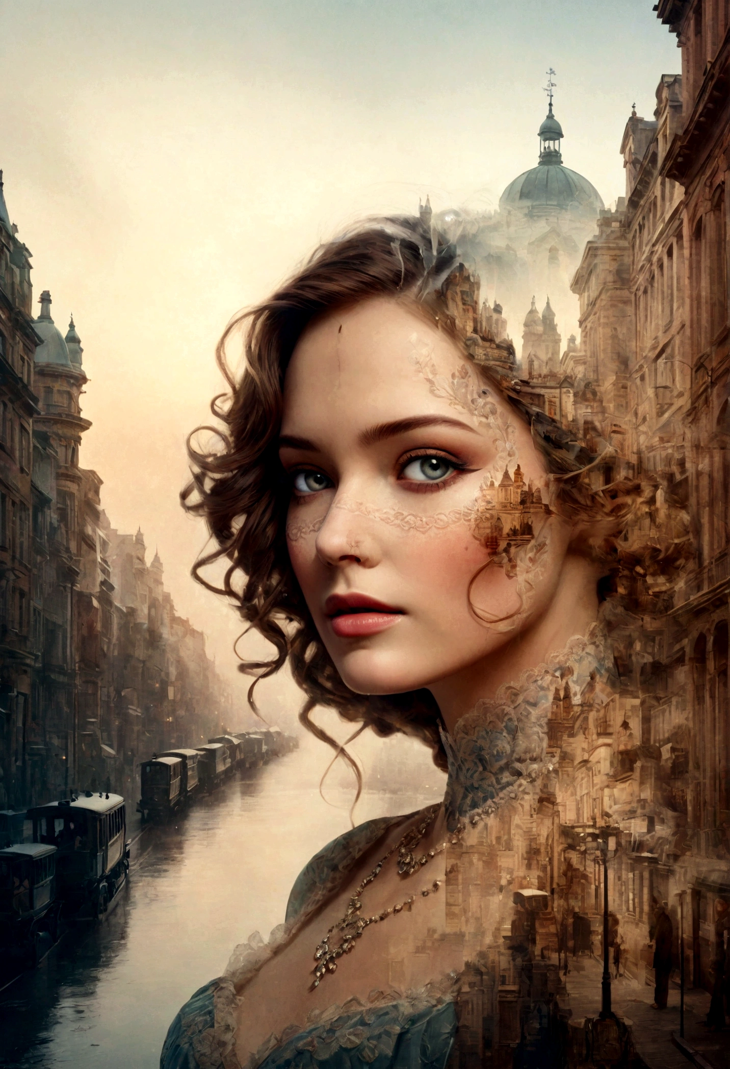    Double exposure of a beautiful and delicate lady(Face clear and perfect)Image，The backdrop is a hyper-detailed Victorian city perfect for, Beautifully, Intricate illustrations, art work concept art work masterpiece, best quality, Super detailed, HD