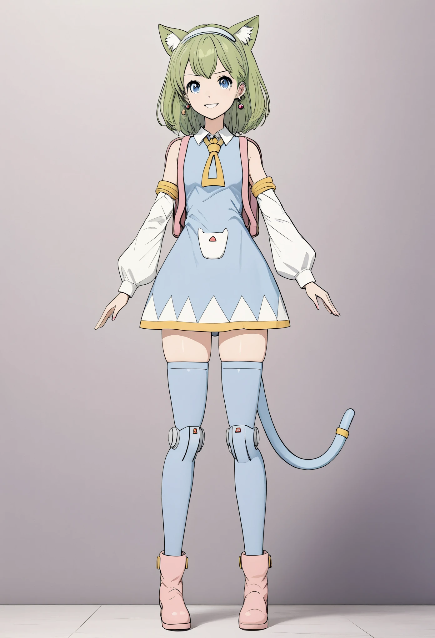 1girl, solo, looking_at_viewer, smile, fullbody, android, joints, one_mechanical_slender_tail, (blue thighhighs:1.4), (green hair:1.2), (pink backpack:1.2), (blue dress:1.2), (yellow tie:1.2), (pink boots:1.2), (white detached_sleeves:1.2), animal_ears, randoseru, short_hair, hairband, earrings, cat_ears, cat_tail, blue_eyes,