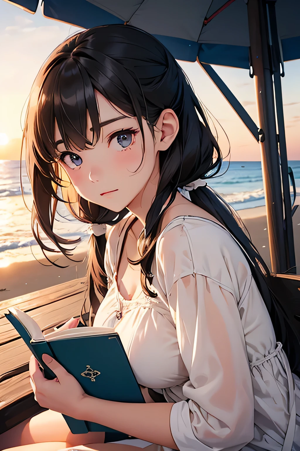 highest quality、High resolution、Detailed Background、(Beautiful face in every detail:1.4)、Anatomically correct、(Detailed facial expressions)、(Detailed eyes:1.2)、Teenage beauty、(Highly detailed face:1.4)、Huge breasts、Cute hair colour、Twin tails、well-groomed eyebrows、I can picture a girl walking along the beach at sunset.。
She is wearing a summer dress but is looking up at the sky with a cool look on her face.。
The sandy beach lit by the setting sun shines golden, and the summer sunshine gradually々It seems to be weakening。
The image of the girl sitting on a beach chair and reading a book is also impressive.。
Her expression seems to be immersed in summer memories and feeling the pleasant sea breeze.。
You can see the sadness of summer vacation coming to an end and the anticipation of autumn.。
The sight of a girl taking a nap in the shade of a tree by the sea also brings to mind the end of summer.。
The way they sleep leisurely shows that they are tired from the summer.、It gives a glimpse into the upcoming autumn.。
I can picture a girl walking alone along a seaside road.。
In the twilight、She looks a little sad as she reminisces about her summer memories.。
But at the same time, her expression shows her anticipation for autumn, which is impressive.。
