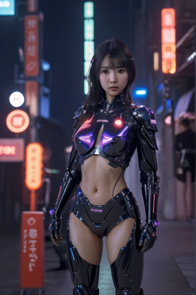 best quality, 8k, highly detailed face and skin texture, high resolution, sexy japanes girl in futuristic suit in future city at night, with neon light, full body, sharp focus