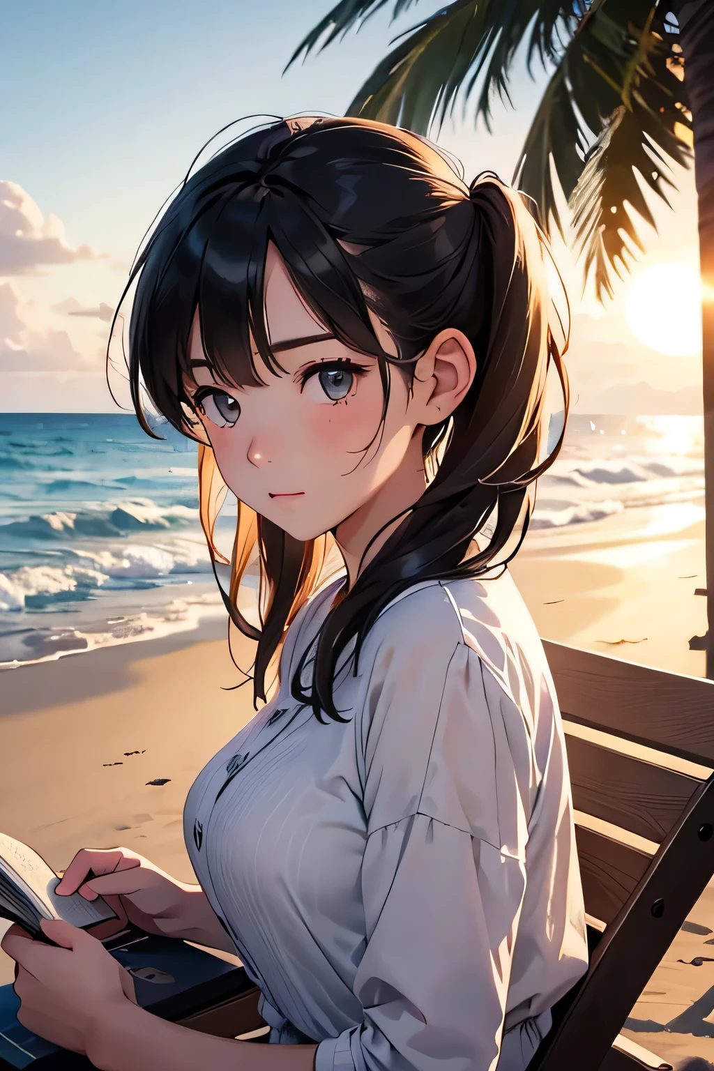 highest quality、High resolution、Detailed Background、(Beautiful face in every detail:1.4)、Anatomically correct、(Detailed facial expressions)、(Detailed eyes:1.2)、Teenage beauty、(Highly detailed face:1.4)、Huge breasts、Cute hair colour、Twin tails、well-groomed eyebrows、I can picture a girl walking along the beach at sunset.。
She is wearing a summer dress but is looking up at the sky with a cool look on her face.。
The sandy beach lit by the setting sun shines golden, and the summer sunshine gradually々It seems to be weakening。
The image of the girl sitting on a beach chair and reading a book is also impressive.。
Her expression seems to be immersed in summer memories and feeling the pleasant sea breeze.。
You can see the sadness of summer vacation coming to an end and the anticipation of autumn.。
The sight of a girl taking a nap in the shade of a tree by the sea also brings to mind the end of summer.。
The way they sleep leisurely shows that they are tired from the summer.、It gives a glimpse into the upcoming autumn.。
I can picture a girl walking alone along a seaside road.。
In the twilight、She looks a little sad as she reminisces about her summer memories.。
But at the same time, her expression shows her anticipation for autumn, which is impressive.。