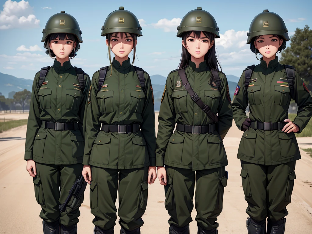 Three female soldiers wearing tactical helmets standing at attention，Wear dark green military uniform、The same posture、Open your feet、Wearing only military trousers、Military base entrance，Write details、masterpiece、best quality、Highly detailed CG、8K picture quality
