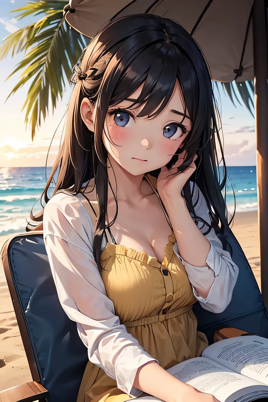 highest quality、High resolution、Detailed Background、(Beautiful face in every detail:1.4)、Anatomically correct、(Detailed facial expressions)、(Detailed eyes:1.2)、Teenage beauty、(Highly detailed face:1.4)、Huge breasts、Cute hair colour、Twin tails、well-groomed eyebrows、I can picture a girl walking along the beach at sunset.。
She is wearing a summer dress but is looking up at the sky with a cool look on her face.。
The sandy beach lit by the setting sun shines golden, and the summer sunshine gradually々It seems to be weakening。

The image of the girl sitting on a beach chair and reading a book is also impressive.。
Her expression seems to be immersed in summer memories and feeling the pleasant sea breeze.。
You can see the sadness of summer vacation coming to an end and the anticipation of autumn.。

The sight of a girl taking a nap in the shade of a tree by the sea also brings to mind the end of summer.。
The way they sleep leisurely shows that they are tired from the summer.、It gives a glimpse into the upcoming autumn.。

I can picture a girl walking alone along a seaside road.。
In the twilight、She looks a little sad as she reminisces about her summer memories.。
But at the same time, her expression shows her anticipation for autumn, which is impressive.。