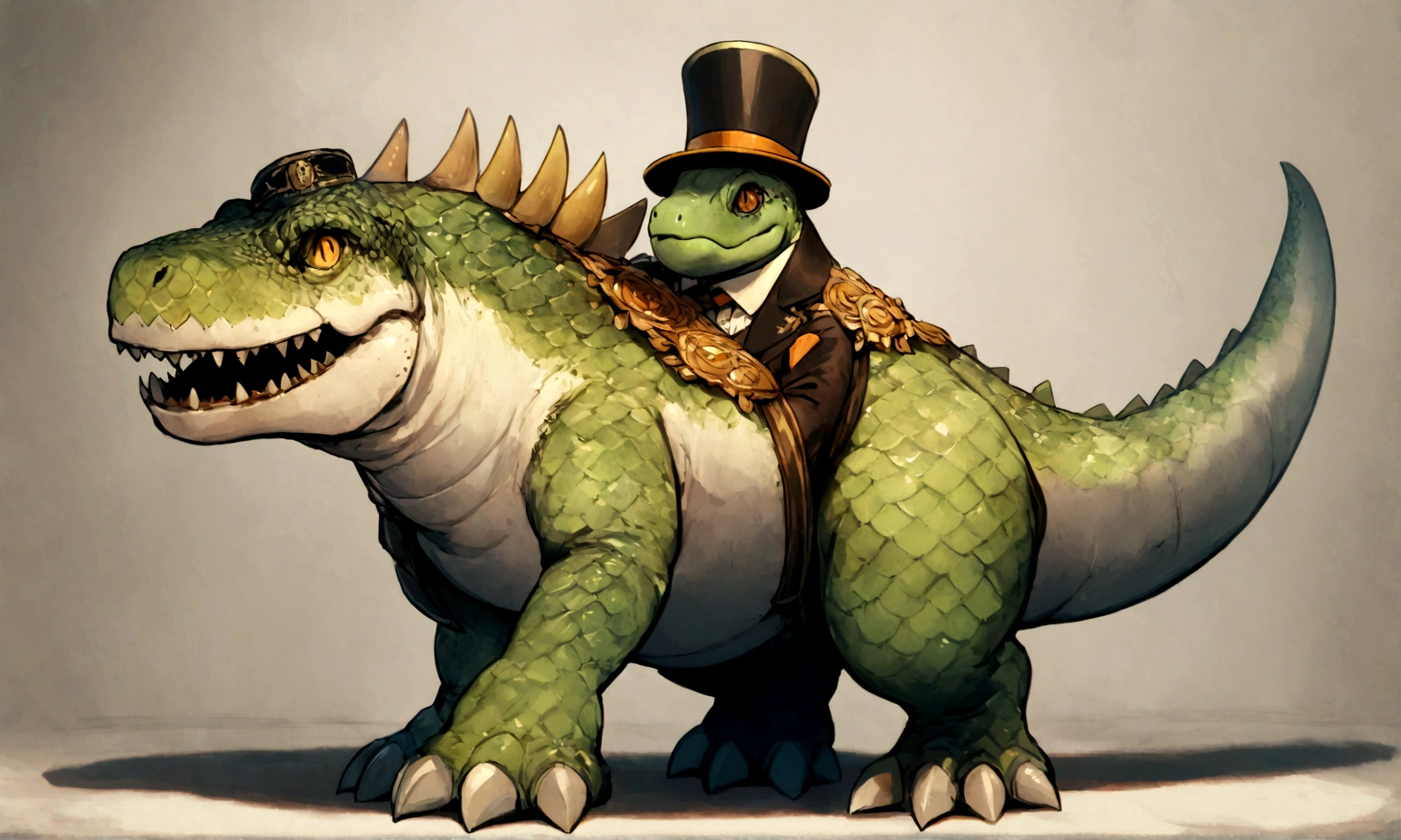 a stubby t-rex wearing a tophat, green scales with an orange belly