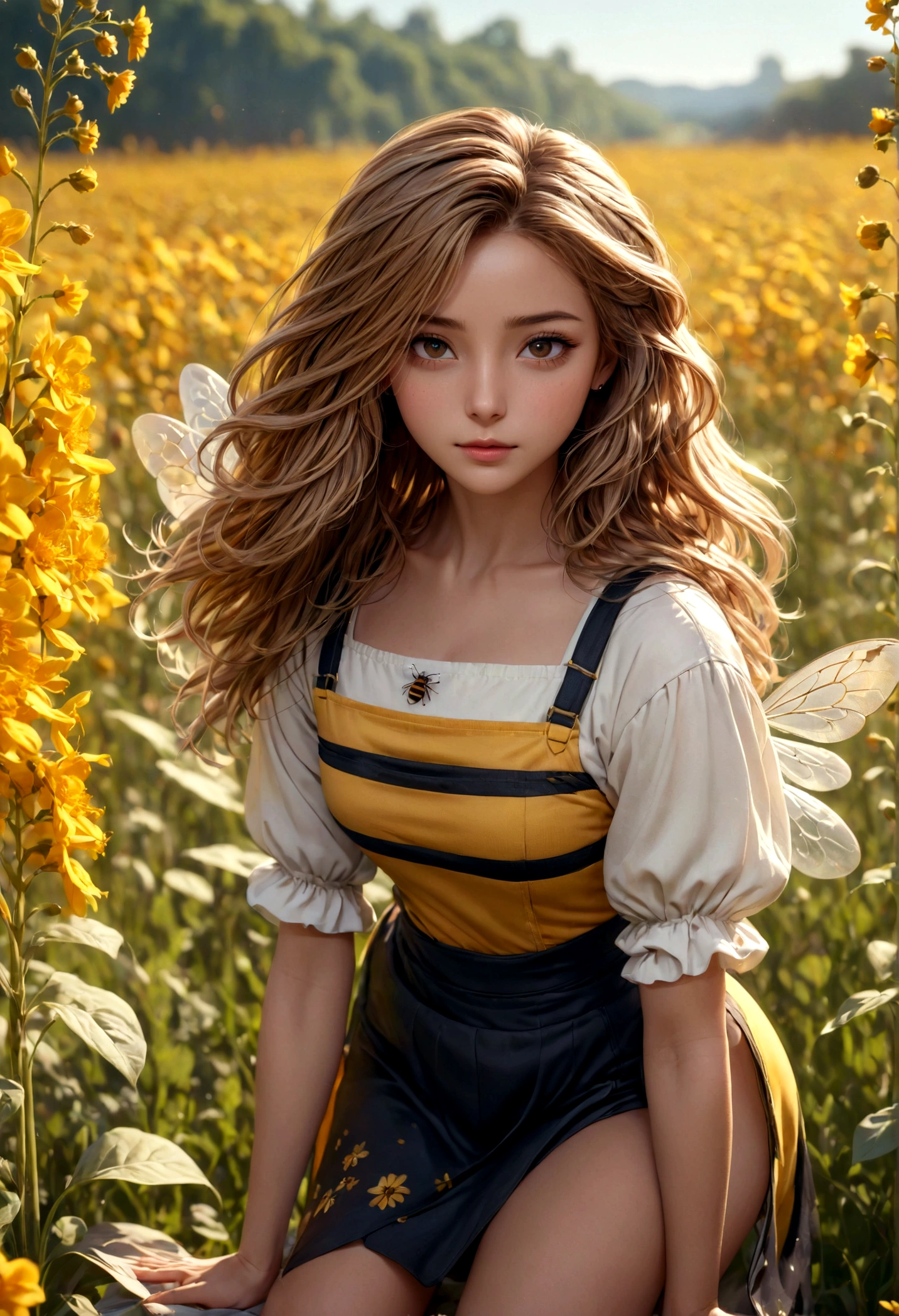 a girl in a bee costume, photorealistic, full body shot, extremely detailed facial features, subtle skin tones, HD, 8k, ultra high resolution, exquisite details, hyper realistic, gentle breeze, flowing hair and miniskirt, riverside flower field