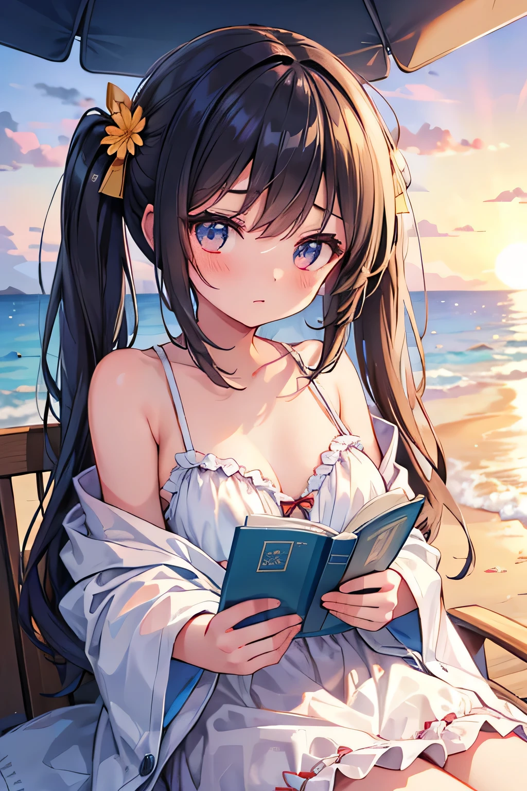 highest quality、High resolution、Detailed Background、(Beautiful face in every detail:1.4)、Anatomically correct、(Detailed facial expressions)、(Detailed eyes:1.2)、Teenage beauty、(Highly detailed face:1.4)、Huge breasts、Cute hair colour、Twin tails、well-groomed eyebrows、I can picture a girl walking along the beach at sunset.。
She is wearing a summer dress but is looking up at the sky with a cool look on her face.。
The sandy beach lit by the setting sun shines golden, and the summer sunshine gradually々It seems to be weakening。

The image of the girl sitting on a beach chair and reading a book is also impressive.。
Her expression seems to be immersed in summer memories and feeling the pleasant sea breeze.。
You can see the sadness of summer vacation coming to an end and the anticipation of autumn.。

The sight of a girl taking a nap in the shade of a tree by the sea also brings to mind the end of summer.。
The way they sleep leisurely shows that they are tired from the summer.、It gives a glimpse into the upcoming autumn.。

I can picture a girl walking alone along a seaside road.。
In the twilight、She looks a little sad as she reminisces about her summer memories.。
But at the same time, her expression shows her anticipation for autumn, which is impressive.。