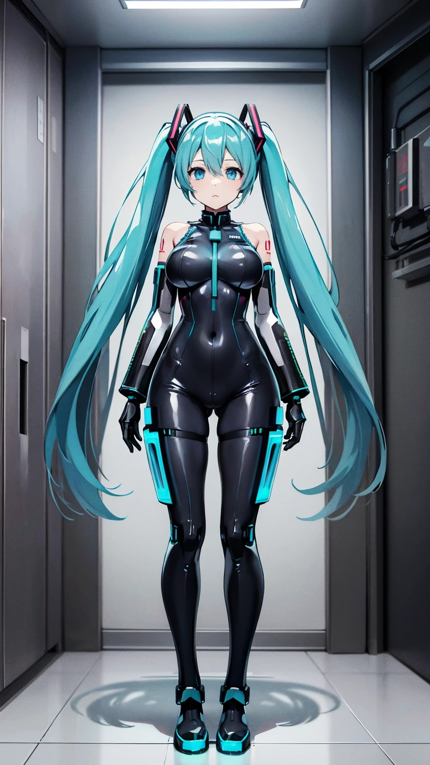 Hatsune Miku Vocaloid, Twin Tails, Light Blue Eyes, Light Blue Hair, black latexfull Body suit, (mecha girl), Cyber punk, Ultimate Physical Beauty, Beautiful Eyes, big breasts, embarrassed look , bedroom, Bigchest, 8K CG, Top Quality, Best Image Quality