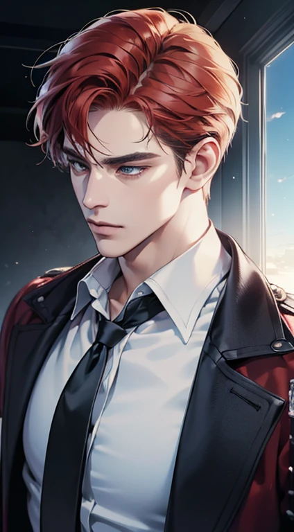 (best quality, masterpiece, 8K, photorealistic, cinematic lighting, hdr image, ultra detailed, beautiful image), a mature man, very handsome, serious, short red hair, blue eyes, perfect face without errors, ((buttoning the jacket, CEO))