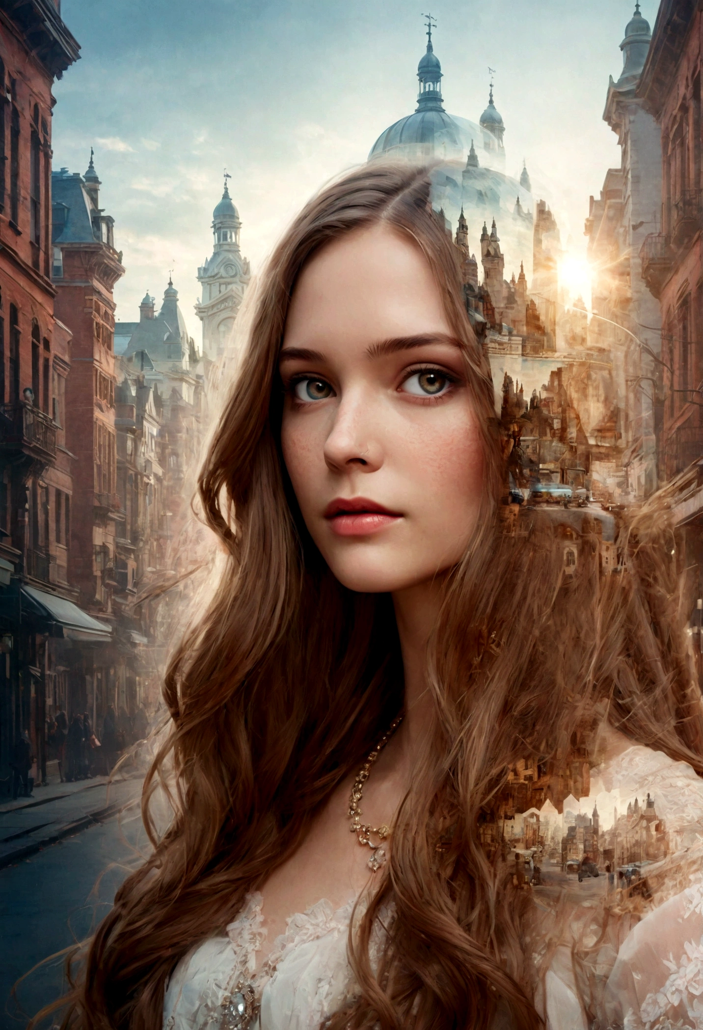 Double exposure of a beautiful girl with long hair(Face clear and perfect)Image,The backdrop is a hyper-detailed Victorian city perfect for, Beautifully, Intricate illustrations, art work concept art work masterpiece, best quality, Super detailed, HD