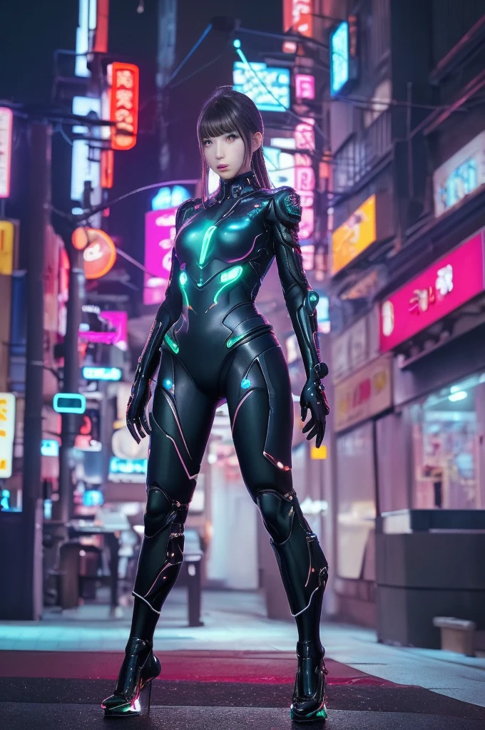 Original, masterpiece, high quality, cyborg woman full body,in a black circle illuminates the cybernetic helmet with black ears, black and gold glossy short dress, on the moon, on the street roma