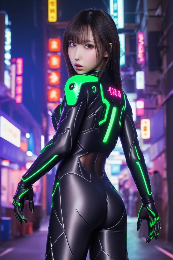 best quality, 8k, highly detailed face and skin texture, high resolution, sexy japanes girl in futuristic suit in future city at night, with neon light, full body, sharp focus