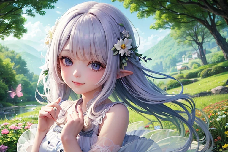Top quality masterpiece, Highest quality and official artistic standards, Featuring beautiful and visually stunning fairy girls:1.3. This piece is very ingenious, rich in color, Exquisitely crafted down to the last detail, Vibrant, Vibrant, A unique visual experience. Optical blending technology brings playful patterns,Add depth to your artwork。, Enhances overall texture and color richness,Close-up portrait, Beautiful fairy, Cute Smile, alone,One Fairy, Surrounded by flowers,Smiling Fairy,Droopy eyes,Transparent winged fairy,Fairy Wings,Fairy Wings,Elegance, Flower Hair Ornaments,Flower wreath,Pink color matching,Young妖精,Energetic Fairy,Smiling Fairy,にっこりとSmiling Fairy,Half Shot,Western-style blouse,Bob Hair,Beauty,1 Fairy,Delicate and high resolution,Precise,明るい青null,Bright Forest,Flare,慈like,mercy,like,happiness,Divine,Fluffy clothes,Lustrous skin,Clear skin,White skin,Thin eyebrows,Albino-like light hair color,rainbow,Silky Hair,Shiny and delicate hair,A realistic fairy,Young,young,pastel colour,null,Top view,Wide-open eyes,Cheerful girl,Long sleeve blouse,Lolita,Kind Face,White blouse,Drooping eyes,Bright pink clothes,Wavy hair blowing in the wind,ショートBob Hair,pastel colourの髪,A background full of dreams and hopes,noon,Light of the sun,rainbow,rainbow色の髪,Praying Fairy,praying,Flower Fairy,Flower Garden,Flower Field,Round eyes,I'm excited,Magical Fairy,White haze,