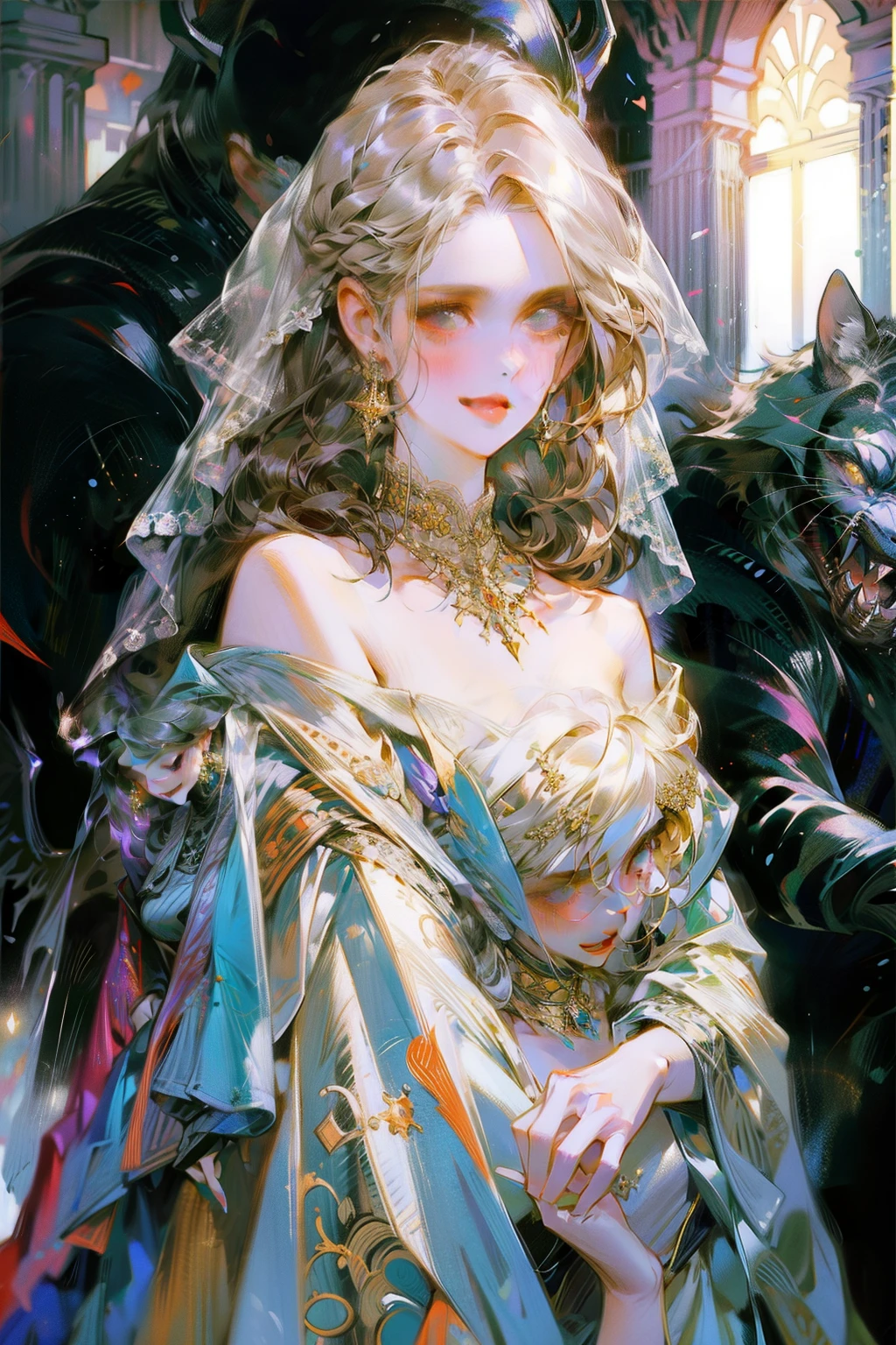 ((best quality)), ((masterpiece)), (detailed), 1girl, off-shoulder sweater, Wedding scene，The bride in a wedding dress，grinning sinisterly