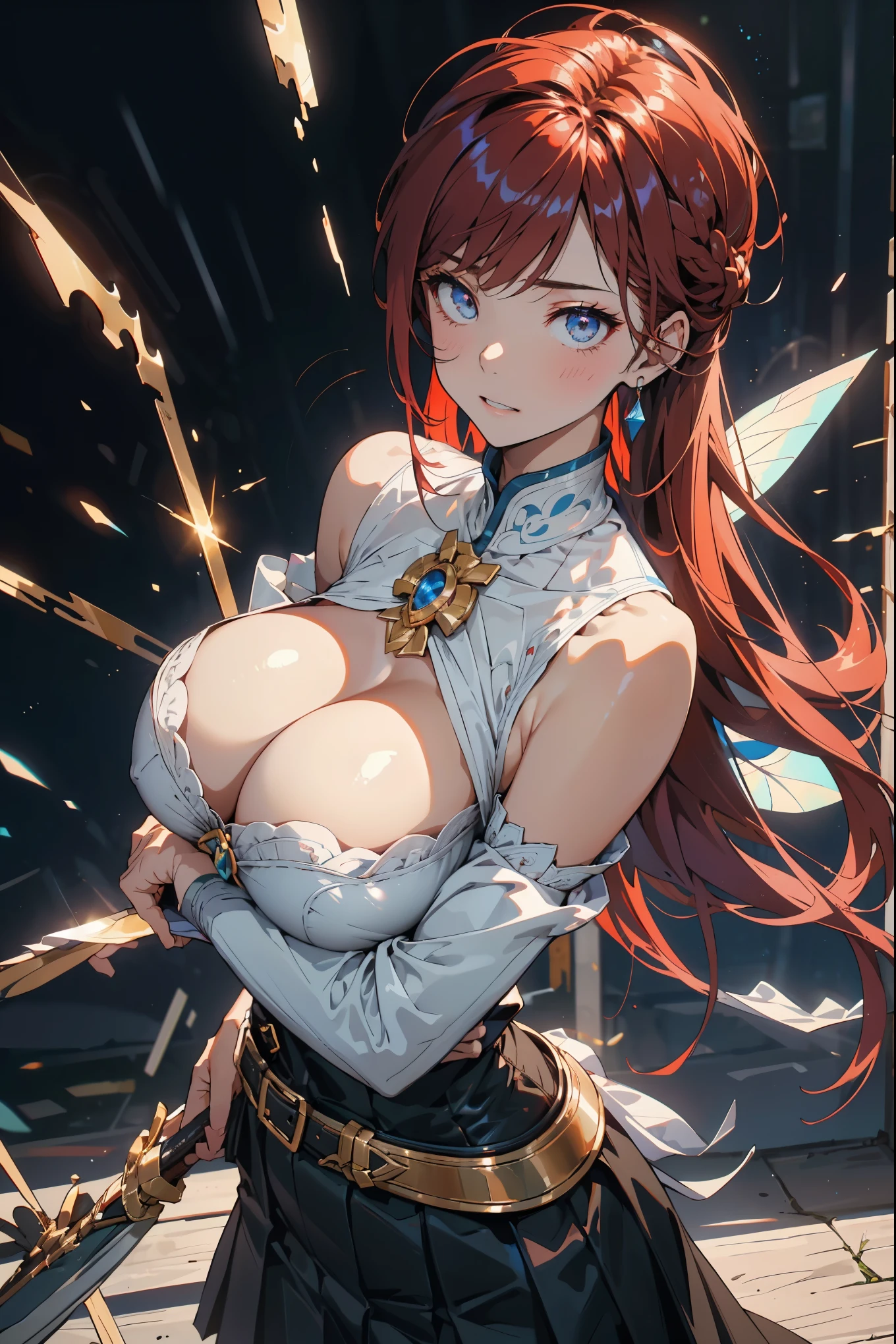 （（（完美number，number，solitary， （（（armor, shoulder armor, Gloves, Breastplate, armored dress, belt, Pleated Skirt, Blue skirt,  ））），（（（Fairy Tail, long hair, Red hair, Brown eyes, hair covering one eye））），((masterpiece)),high resolution, ((Best quality at best))，masterpiece，quality，Best quality，（（（ Exquisite facial features，looking at the audience,There is light in the eyes，(（（Ha ha，confidence））)，））），型number:1.7））），（（（light and shadow，huge乳房））），（（（Looking at the camera，black background，）））,huge , Crazy breast swelling, Chest larger than shoulder blades, Big breasts and thin waist，(huge breasts:1.2)，Hydrated skin（（rogue））（（非常huge乳房）），（（Grooves reveal original skin））