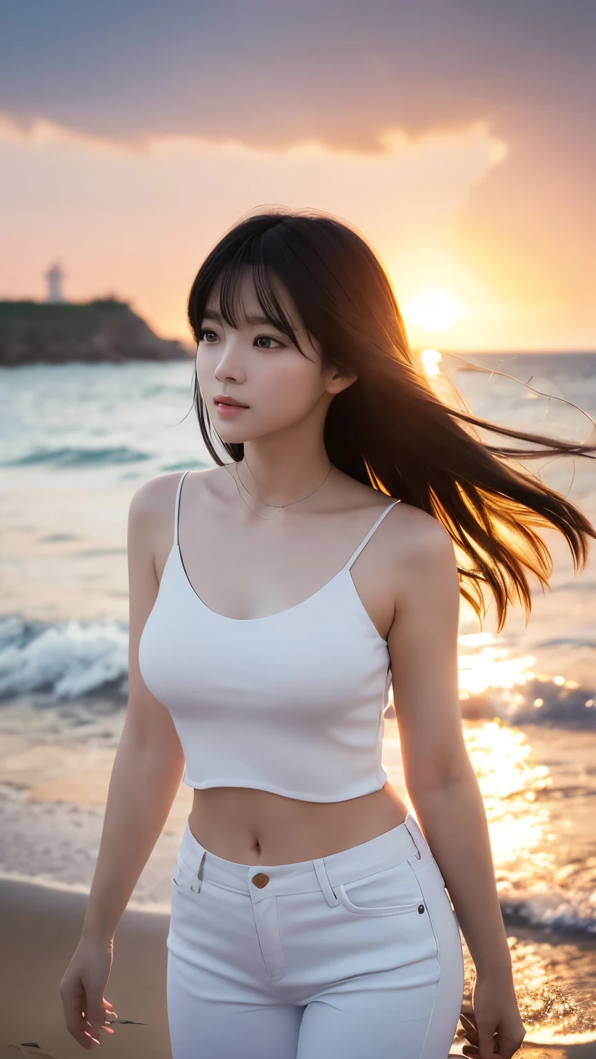 (logo、masterpiece、8k、Tabletop、RAW Photos、wonderful、最high quality、フォトリアリスティックでVery detailedな CG 統合 8k 壁紙、high quality、Very detailed、Narrative poem、Particle Effects、Dynamic Effects、Written boundary depth、Cinematic Light、Lens flare、Ray Tracing)、Fantasy、 (One beautiful woman、White pants、White T-shirt、White tube top、White crop top、Black-haired、Beautiful Face、True Face、Beautiful details、eye、Beautiful Skin、Ultimate Body、glamorous)、私の髪はWindに舞う、Hair flutters in Wind、Hair bounces、Seaside、wonderful景色、Coastal、sunrise、Sun in the background、Wind、Beach