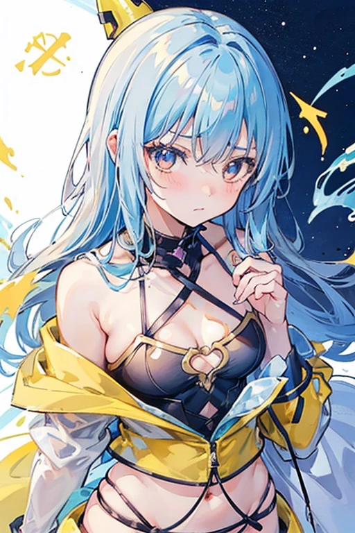 1girl, a close up of a woman in a yellow bikini, tensei shitara slime datta ken, light novel cover art, gapmoe tsundere, gapmoe tsundere grimdark, embarrassed, reincarnated as a slime, rimuru tempest, small oppai, long silver-blue hair, deep goldrn eyes