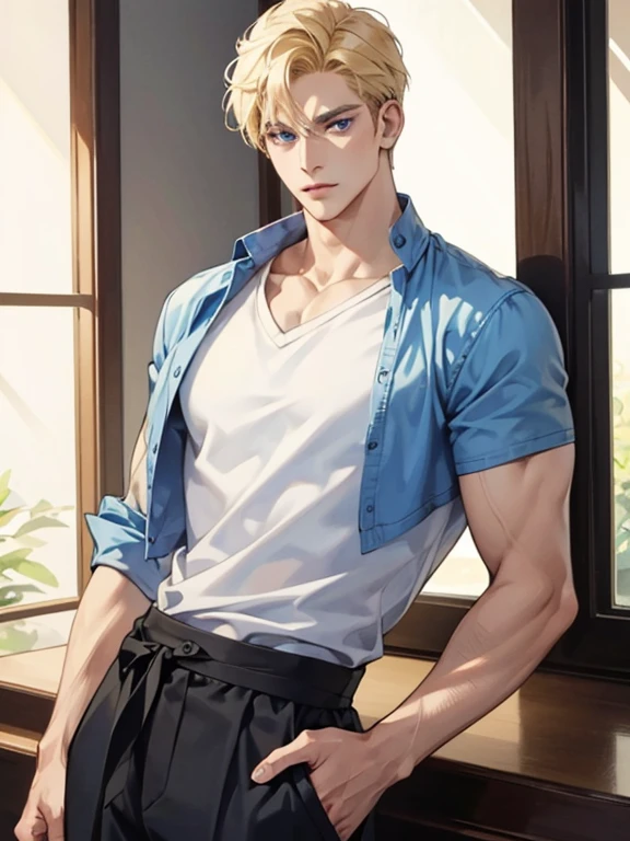 (1 man), solo, detailed eyes, {{{masterpiece}}}, {{{best quality}}}, {{ultra-detailed}}, {illustration}, {detailed eyes}, {detailed light}, {waist up}, subject: [1 male, 30 years old, solo, adult, tall, very handsome, popular, hair (short, blonde), blue eyes, slightly muscular], modern attire (casual clothes, comfortable clothing)