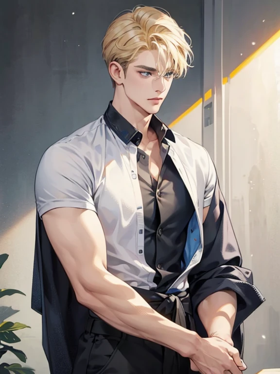 (masterpiece, High resolution, Super detailed:1.0), (1 man, Adult male, 27 years old, Smooth and attractive face), Very tall, just the right amount of muscles, Detailed face, (blonde brown hair, medium long hair, Center-parted bangs), (blue eyes, droopy eyes, long eyelashes), (wearing half-open white shirt, black and gray cotton pants, shows some skin), (sweat, playful, seductive smile: 1.3), ( light black background, front, facing audience), (SuperQuality:1.0)
