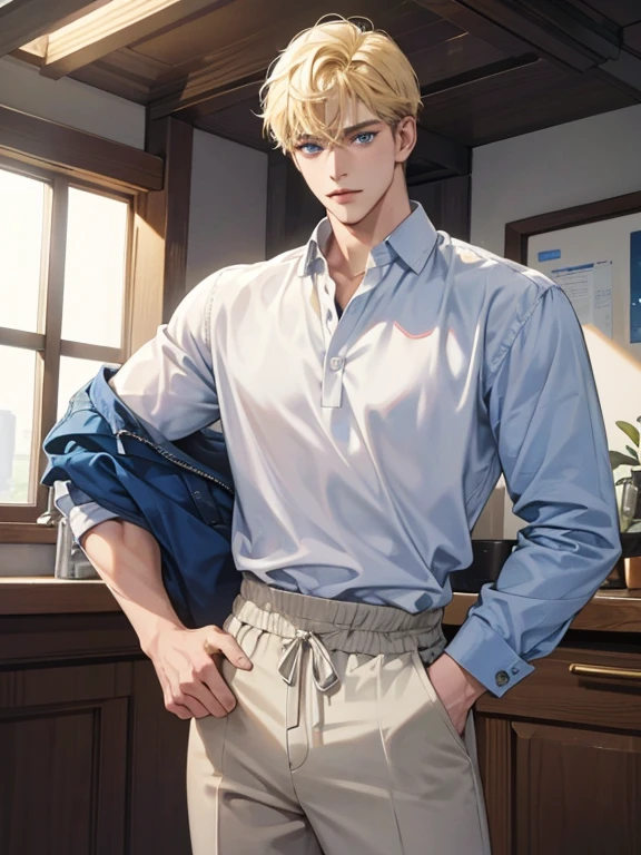 (1 man), solo, detailed eyes, {{{masterpiece}}}, {{{best quality}}}, {{ultra-detailed}}, {illustration}, {detailed eyes}, {detailed light}, {waist up}, subject: [1 male, 30 years old, solo, adult, tall, very handsome, popular, hair (short, blonde), blue eyes, slightly muscular], modern attire (casual clothes, comfortable clothing)