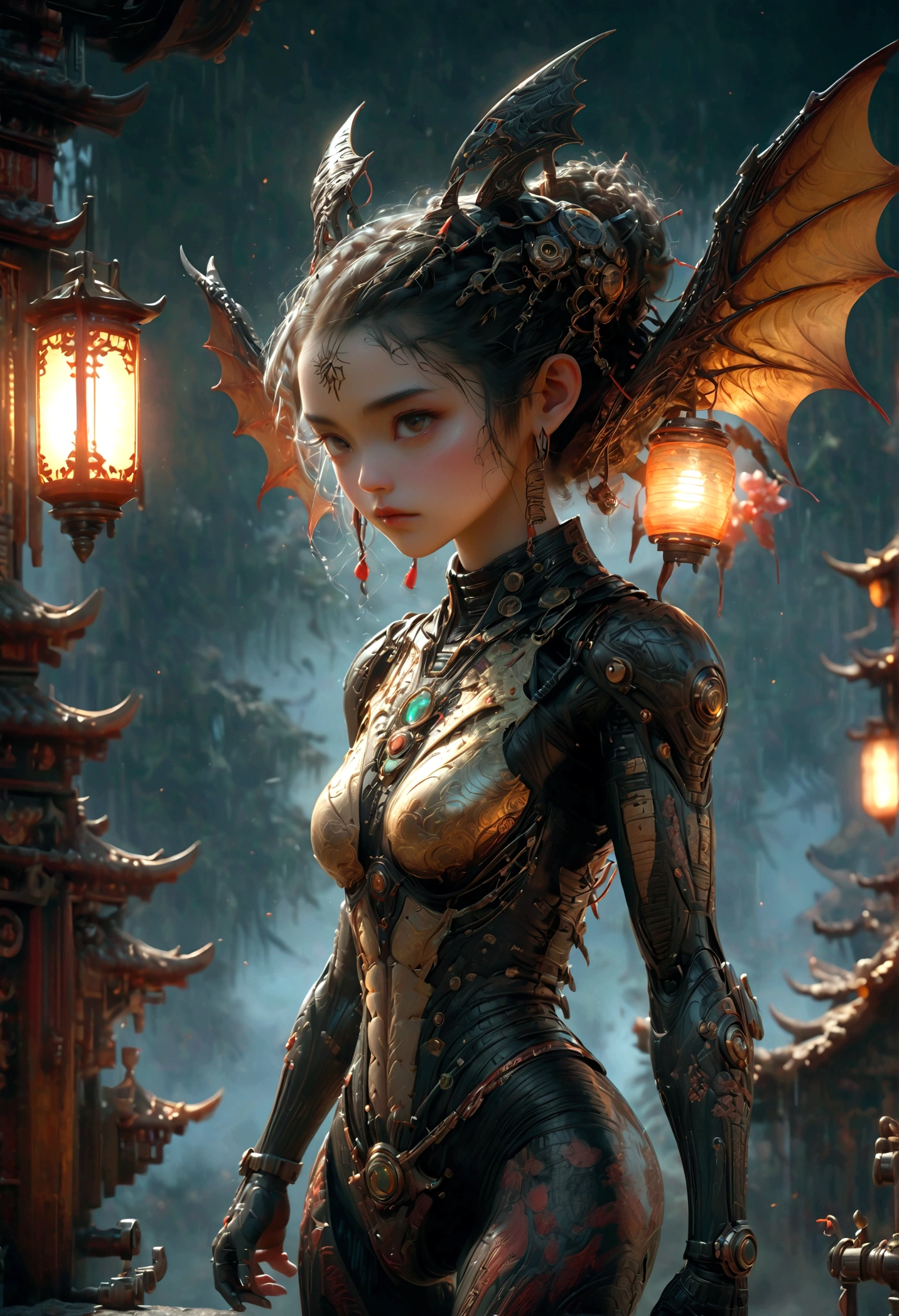 Masterpiece, (best quality:1.2), 8k, Japanese woman in alien-type powered suit, biological tissue base with bronze and gold accent, (extremely cute face), (mechanical bat wings), hydraulic cylinder, power pipe, muscle fiber, ultimately intricate all details, full body shot, (ultimately photo Realistic:1.37), dystopia with a beautiful view at night, (biological:1.2), (biopunk:1.3), Full body photo, Wide-angle,xianxia