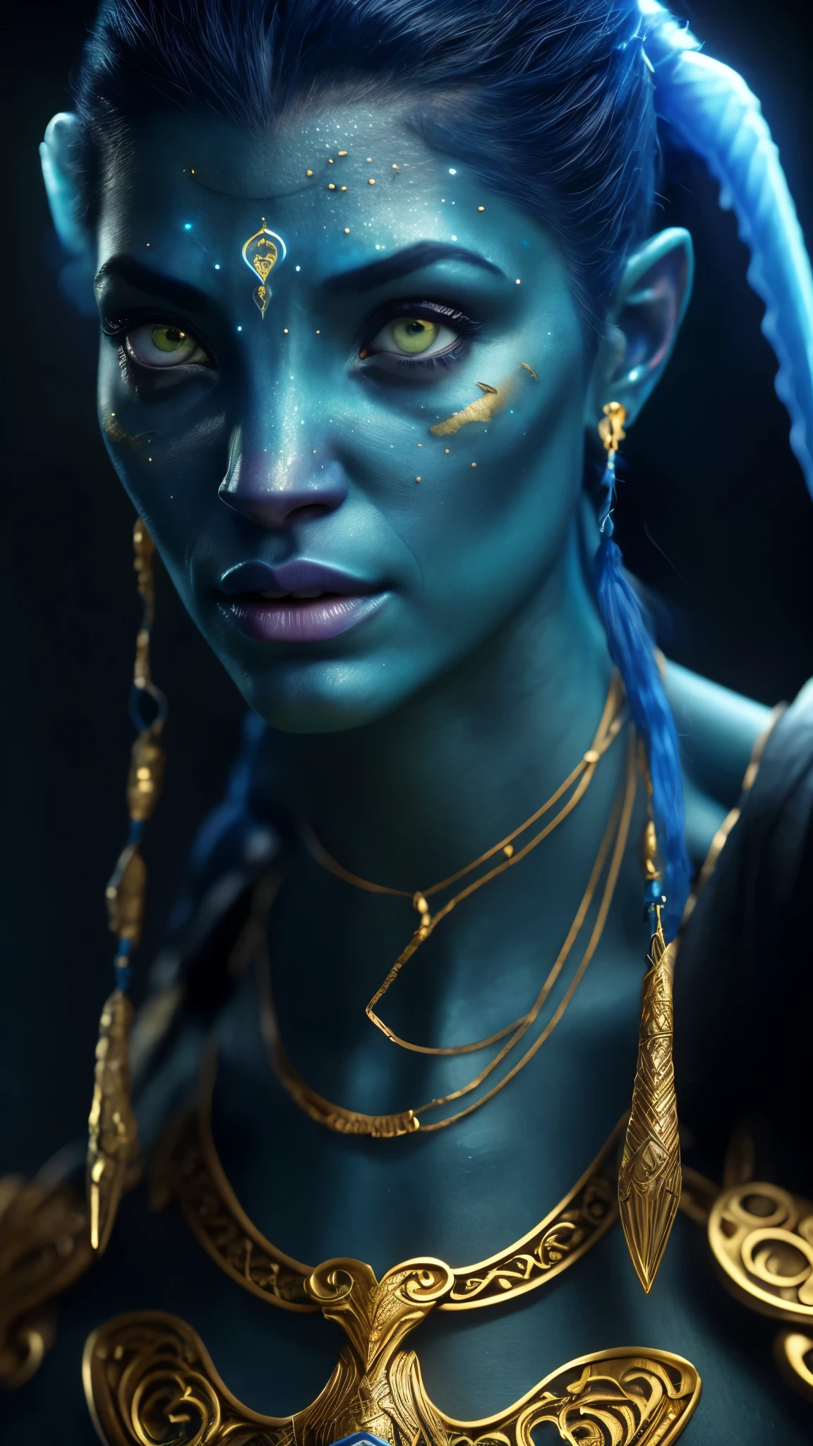 To enhance the image and make it appear more realistic and beautiful, you can use a text-to-image model like Midjourney or Stable Diffusion with the following prompt:

"Create a hyper-realistic and stunning portrait of a Na'vi character from the movie Avatar, with detailed and vibrant blue skin, intricate patterns, and glowing yellow eyes. Emphasize realistic textures, lighting, and depth to bring the character to life, highlighting their otherworldly beauty and intricate jewelry."

This prompt can be fine-tuned depending on the specific text-to-image model you are using.

Sure! Here’s an enhanced prompt with the addition of gorgeous gold elements:

"Create a hyper-realistic and stunning portrait of a Na'vi character from the movie Avatar, with detailed and vibrant blue skin, intricate patterns, and glowing yellow eyes. Emphasize realistic textures, lighting, and depth to bring the character to life, highlighting their otherworldly beauty with intricate jewelry adorned with gorgeous gold elements."

This prompt should help in generating a more detailed and visually appealing image with the specified features.