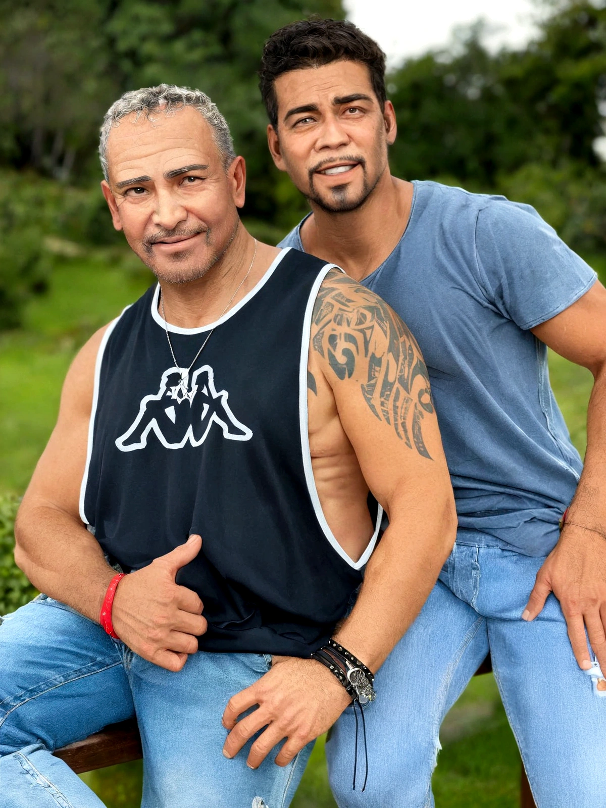 there are two men posing for a photo in the park, dois muscular men intertwined, dois homens bonitos, Mars Ravelo e Greg Rutkowski, homens de 45 anos, muscular men intertwined, Imagem retrato, Dois machos, modelagem para doce e gabanna, 2 homens musculosos e atraentes, ney matogrosso with malice, homossexual, Two men hugging