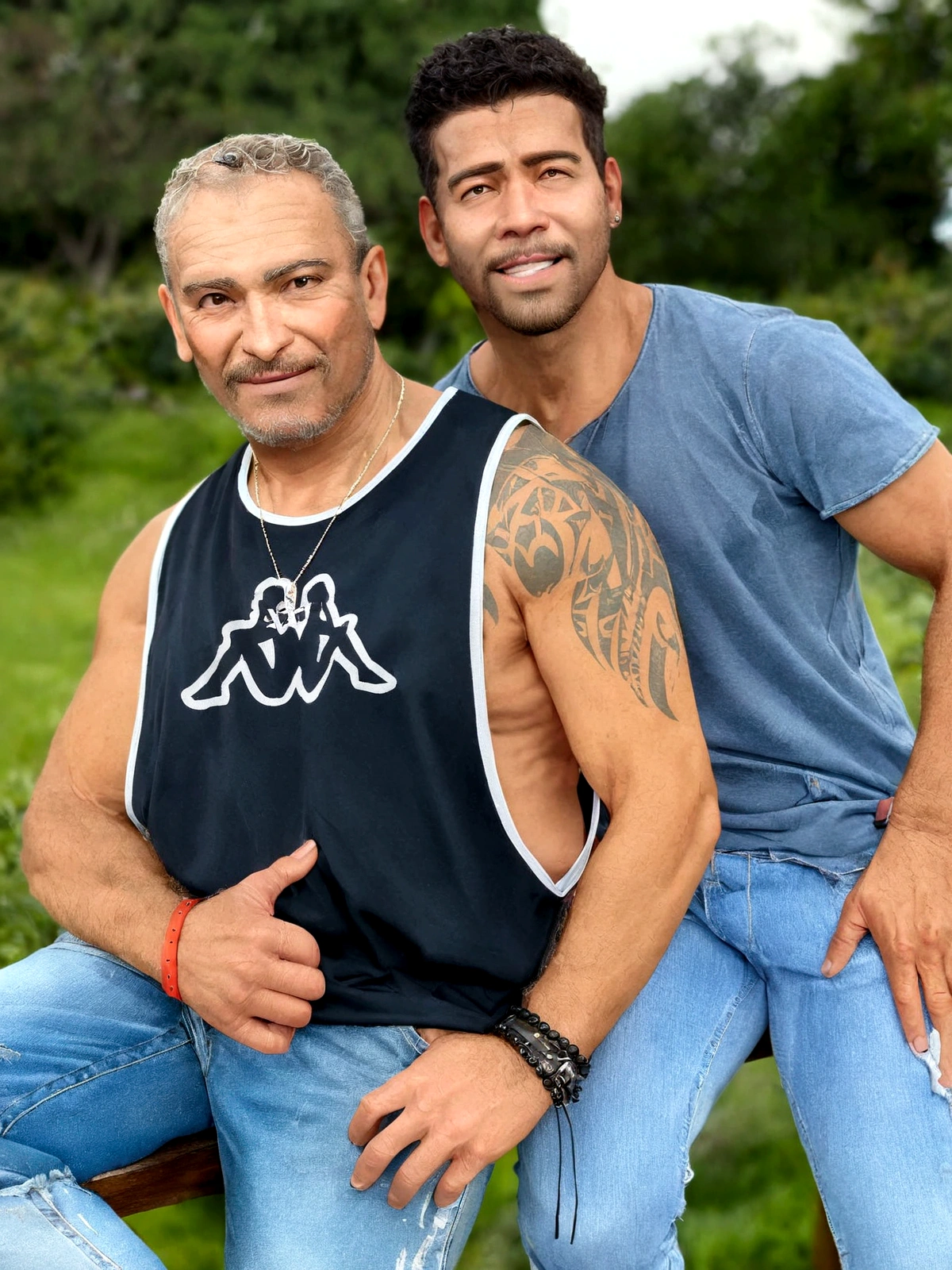 there are two men posing for a photo in the park, dois muscular men intertwined, dois homens bonitos, Mars Ravelo e Greg Rutkowski, homens de 45 anos, muscular men intertwined, Imagem retrato, Dois machos, modelagem para doce e gabanna, 2 homens musculosos e atraentes, ney matogrosso with malice, homossexual, Two men hugging