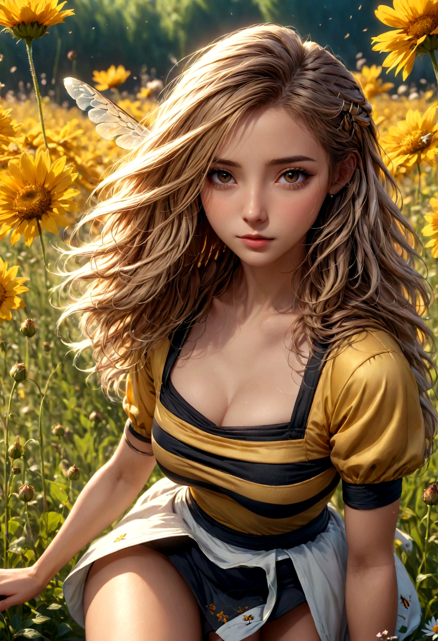 a girl in a bee costume, photorealistic, full body shot, extremely detailed facial features, subtle skin tones, HD, 8k, ultra high resolution, exquisite details, hyper realistic, gentle breeze, flowing hair and miniskirt, riverside flower field