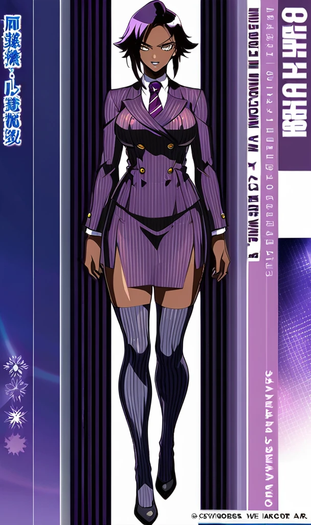  Full body Yoruichi as a thin Black business woman in a double breasted pinstripe purple  skirt suit while wearing a tie with a long purple pinstripe skirt and with purple knee socks full art 
