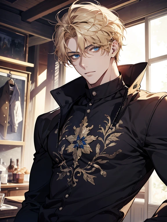 (1 man), solo, detailed eyes, {{{masterpiece}}}, {{{best quality}}}, {{ultra-detailed}}, {illustration}, {detailed eyes}, {detailed light}, {waist up}, subject: [1 male, 30 years old, solo, adult, tall, very handsome, popular, hair (short, blonde), blue eyes, slightly muscular], modern attire (casual clothes, comfortable clothing)