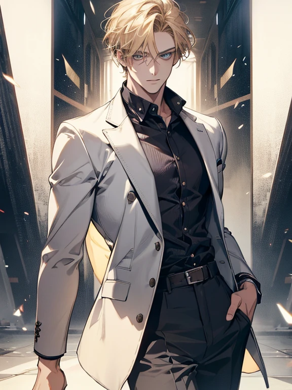 (1 man), solo, detailed eyes, {{{masterpiece}}}, {{{best quality}}}, {{ultra-detailed}}, {illustration}, {detailed eyes}, {detailed light}, {waist up}, subject: [1 male, 30 years old, solo, adult, tall, very handsome, popular, hair (short, blonde), blue eyes, slightly muscular], modern attire (casual clothes, comfortable clothing)