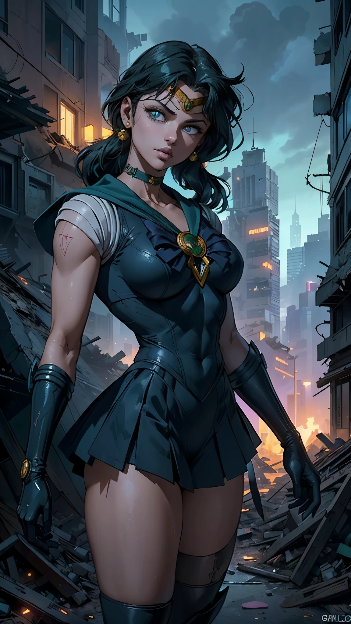 (La mejor calidad,A high resolution,Ultra - detallado,actual),Selena Gomez ,(Fondo de ruinas de mazmorra en ruinas cyberpunk :1.4 ), (Uniformes de sailor moon senshi:1.4), cabello verde oscuro, cabello mediano, Falda suplicante, (Guantes blancos de codo:1.1), joya, pecho mediano, dynamic background, dynamic posture,More detailed 8K.motor irreal:1.4,HD,La mejor calidad:1.4, fotorrealista:1.4, textura de la piel:1.4, obra maestra:1.8,obra maestra, mejor calidad,objeto Objeto], (rasgos faciales detallados:1.3),(dedos detailed :1.4 ),(Apocalyptic city destroyed:1.7), gargantilla, (Guante Blanco:1.4), gargantilla verde, Arboledas de codos, joya,(fondo atardecer:1.4),(sailor moon Neptuno:1.4),(pose vaquero :1.4), (ojos hermosos verdes :1.4), ,( ciberpunk 2.1), (estilo kawaii :1.4), ,(Fondo de ruinas de mazmorra en ruinas cyberpunk :1.4 ), (cinematic lighting :1.4), (perfect anatomy V2.1), (looking at viewer:1.25), (Selena Gomez :1.4), (Selena Gomez V2.1), (neon cyberpunk V2.1) 