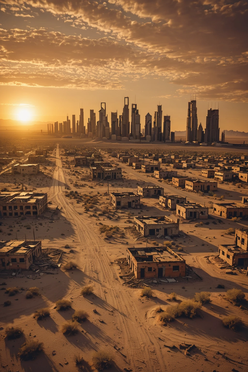 Abandoned cityscape in the desert during sunset