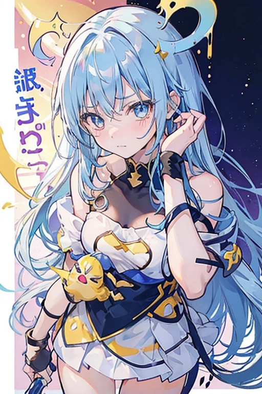 1girl, a close up of a woman in a yellow bikini, tensei shitara slime datta ken, light novel cover art, gapmoe tsundere, gapmoe tsundere grimdark, embarrassed, reincarnated as a slime, rimuru tempest, small oppai, long silver-blue hair, deep goldrn eyes