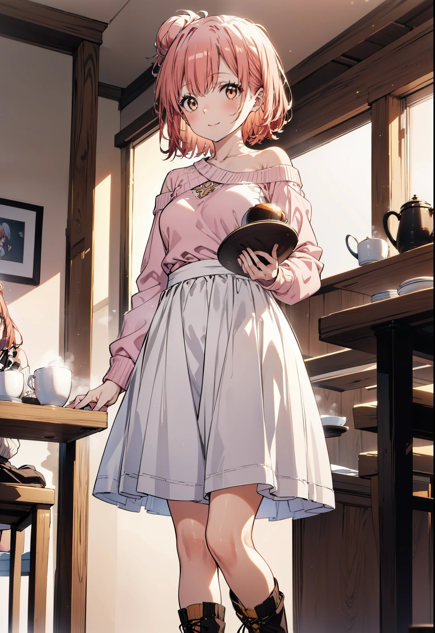 yuiyuigahama, yui yuigahama, short hair, (Brown eyes:1.5), (Pink Hair:1.2), smile,Hair Bun, single Hair Bun, smile,Oversized one-shoulder sweater,Long skirt,short boots,tray, tray in one hand,Standing in line,counter,whole bodyがイラストに入るように,Looking up from below,Buffet,Viking,Daytime,Clear skies,
break indoors, restaurant,Coffee shop,crowd, people々々,Building district,
break looking at viewer, whole body,
break (masterpiece:1.2), highest quality, High resolution, unity 8k wallpaper, (figure:0.8), (Beautiful fine details:1.6), Highly detailed face, Perfect lighting, Highly detailed CG, (Perfect hands, Perfect Anatomy),