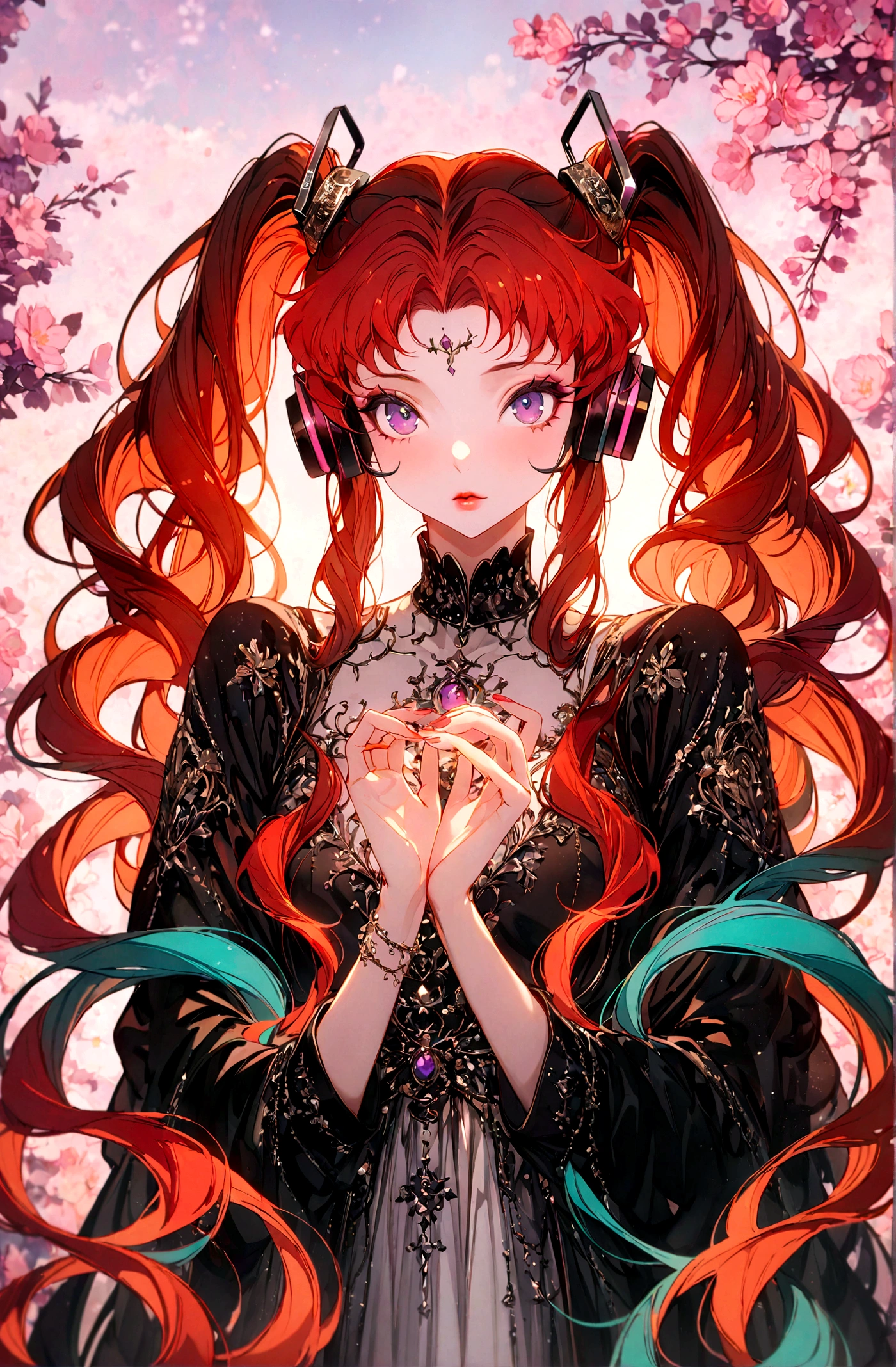 (Hatsune Miku:1.5)best quality,masterpiece,ultra high res,intricate detail,8K,sharp focus,((no text)),(extremely detailed CG unity 8k wallpaper),Center, 1 Girl, Kawaii Dragon Knight, Dragon Wings, Red hair, Violet Eye, Long wavy hair,Vivid colors, epic work, Epic Proportions, HD perfect face, exquisite makeup,close up