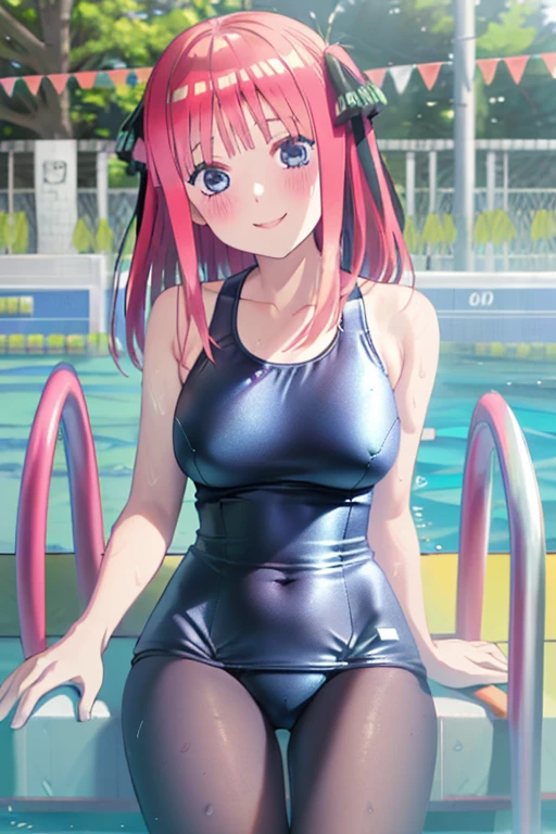 masterpiece, best quality, insanely detailed, beautiful, nino nakano, one-piece swimsuit, breasts, pantyhose, blush, smile, (outdoor swimming pool:1.3), legs spread