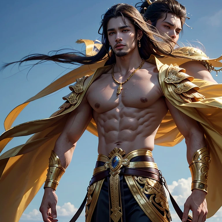 Golden-scaled Draconid, day, sensual, detailed, anime style. Captura un hermoso y detailed retrato de una poderosa draconida antropomórfica femenina. Inspired by artists like Ruan Jia and Zaush. movie lights, standing under the moonlight, with an imposing pose. Long and flowing hair, muscular. His gaze shows contempt, flashing arrogance and superiority. Shiny golden scales that highlight its majestic presence. Epic realism.
