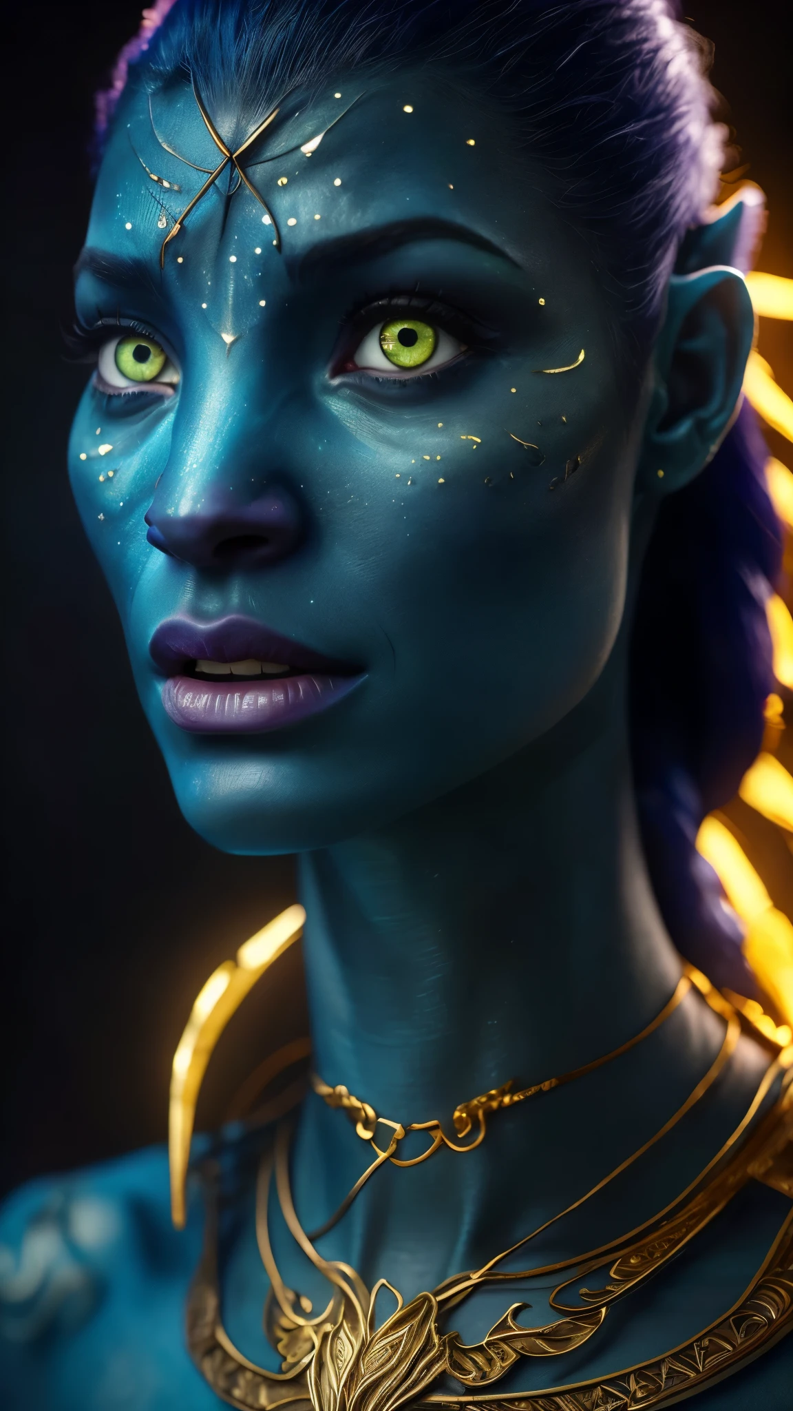 To enhance the image and make it appear more realistic and beautiful, you can use a text-to-image model like Midjourney or Stable Diffusion with the following prompt:

"Create a hyper-realistic and stunning portrait of a Na'vi character from the movie Avatar, with detailed and vibrant blue skin, intricate patterns, and glowing yellow eyes. Emphasize realistic textures, lighting, and depth to bring the character to life, highlighting their otherworldly beauty and intricate jewelry."

This prompt can be fine-tuned depending on the specific text-to-image model you are using.

Sure! Here’s an enhanced prompt with the addition of gorgeous gold elements:

"Create a hyper-realistic and stunning portrait of a Na'vi character from the movie Avatar, with detailed and vibrant blue skin, intricate patterns, and glowing yellow eyes. Emphasize realistic textures, lighting, and depth to bring the character to life, highlighting their otherworldly beauty with intricate jewelry adorned with gorgeous gold elements."

This prompt should help in generating a more detailed and visually appealing image with the specified features.