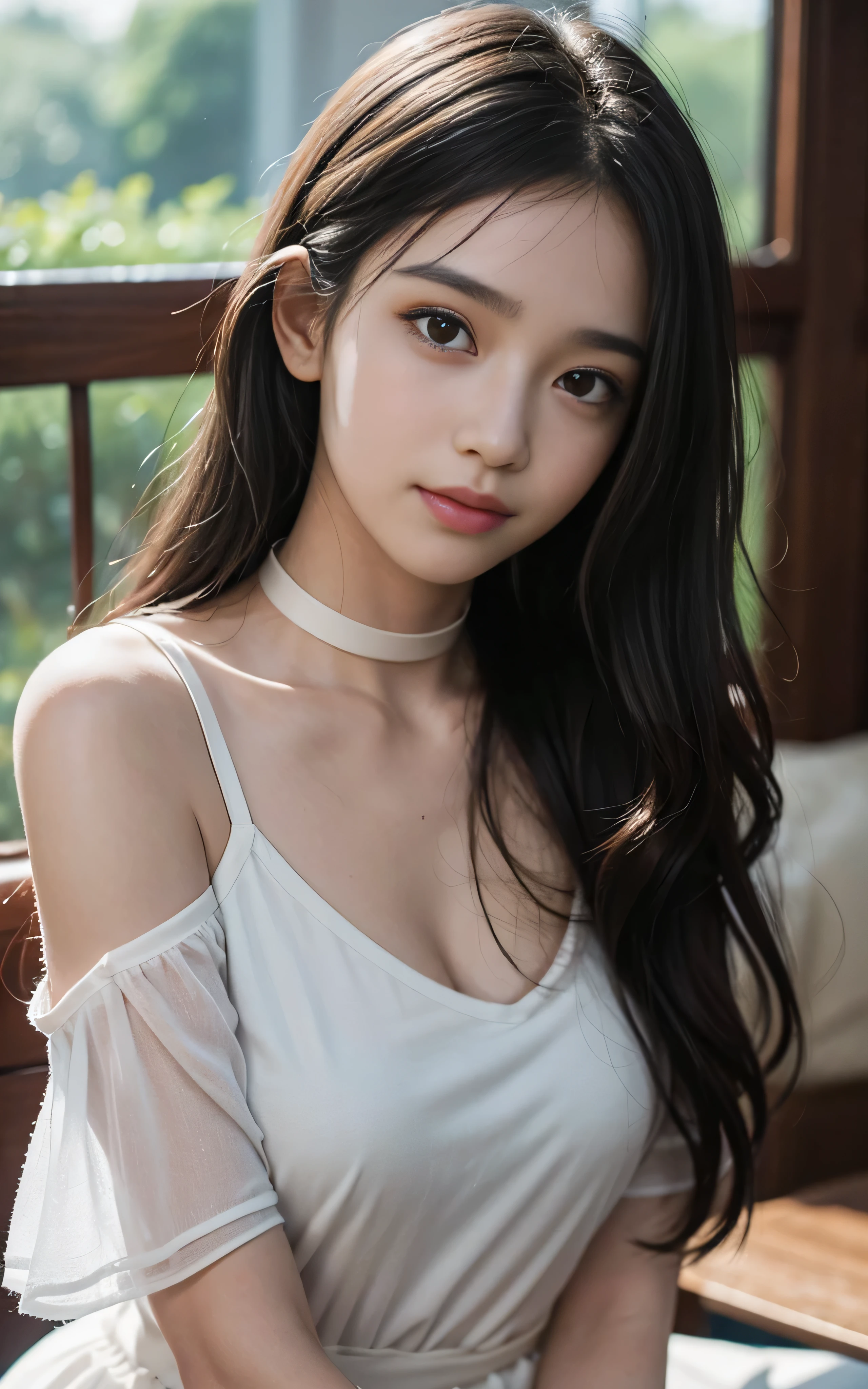 A small amount of her chest is visible through the gaps in her loose-fitting shirt.、high quality、masterpiece、Ultra-high resolution、beautiful girl、beautiful girl顔、Cute girl face、Braiding、whole body、whole bodyを撮影