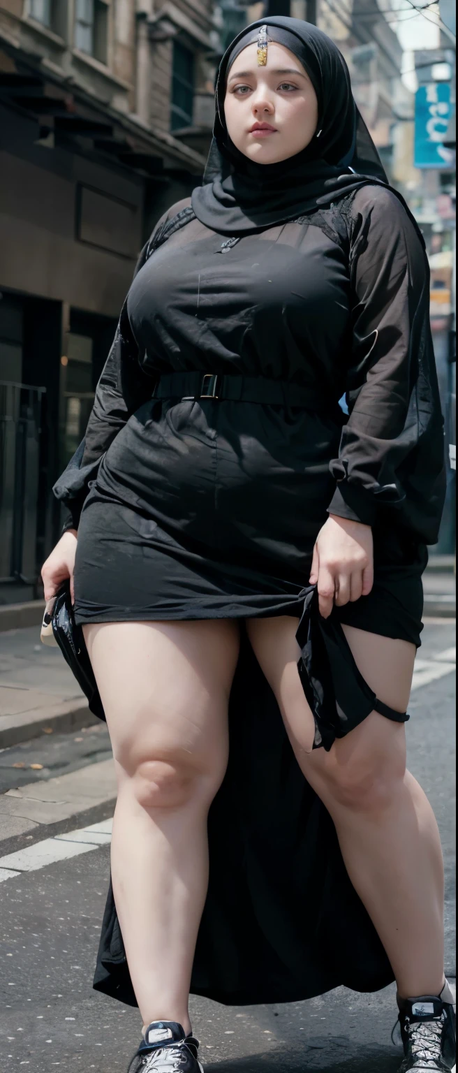 Milky white skin woman in black dress and hijab walking down the street, , hijab outfit, , hijab fashion model, plus size, plus size woman, , woman in black robes, beautiful woman, thicc, black outfit,, bbwchan , white sneakers , Height 170 cm, beautiful woman, with a beautiful appearance, a very beautiful masterpiece, a masterpiece of art, good lighting, Bright colors, Clean lines