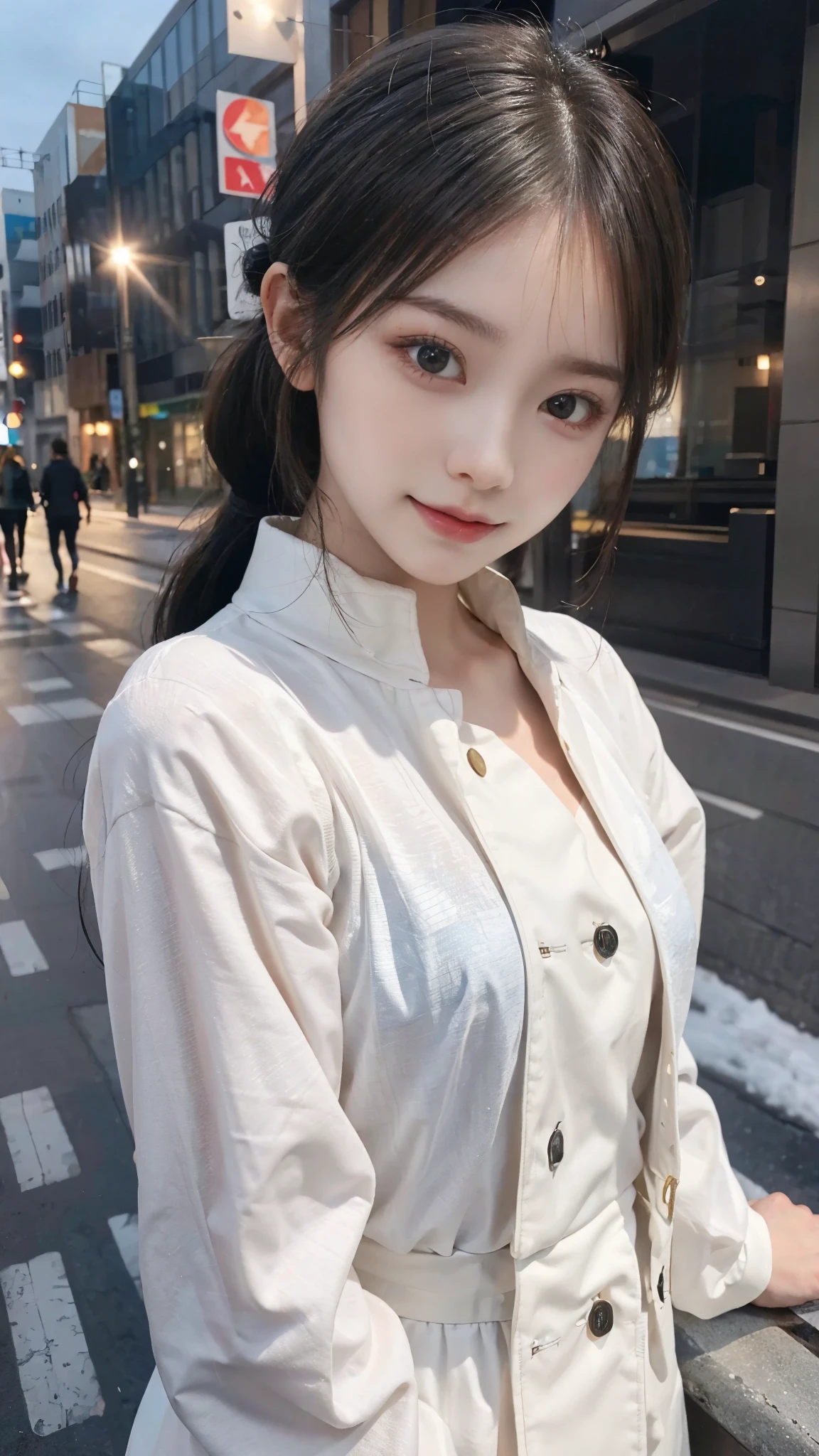 One woman,fully body photo,masutepiece, The highest image quality, High quality, the background is clear,Beautiful woman, Japanese, Detailed, Detailed eyes, Detailed skin, Beautiful skin, 超hight resolution, (reality: 1.4),Very beautiful woman, Slightly younger face, Beautiful skin, slender, (Ultra photo realsisim), (hight resolution), (32K), (Very detailed) (beautifully detailed eyes), (super detailed), (Detailed face), view the viewer, Fine details, Detailed face, Staring straight ahead, Staring straight ahead, photos realistic, Bright lighting, Professional Lighting, Black hair,poneyTail,a baby face,fifteen years old,Hairstyle is ponytail,long ponytail hairstyle,slight smile,neat and tidy clothing,European Streets,Beautiful KPOP idol photo, hair style is ponytail, my eyes are double and wide, baby face, smile and look straight ahead, slender, small breasts,neat and tidy clothing,European Streets,winter Clothing,snowing,Coat with collar,