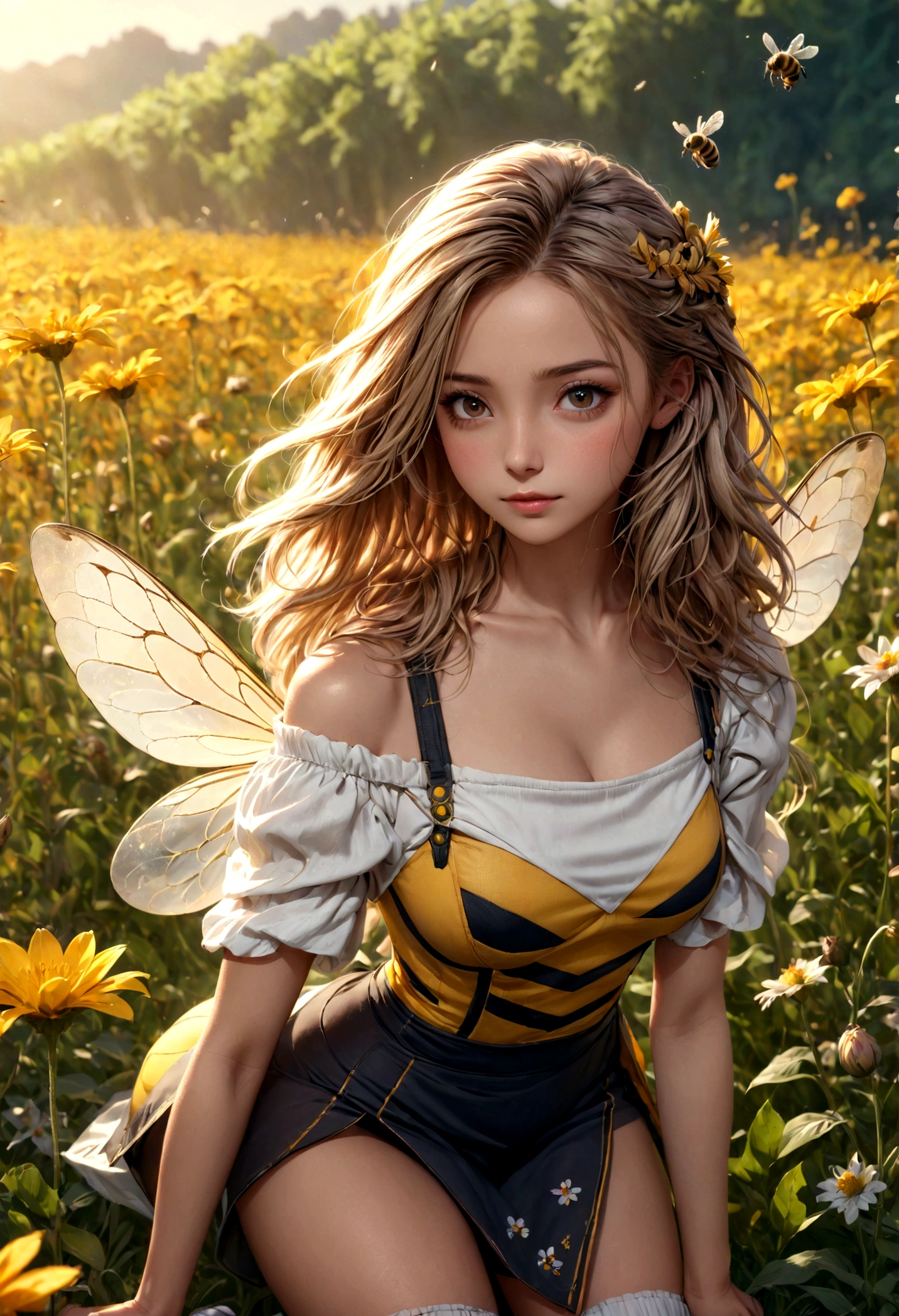 a girl in a bee costume, photorealistic, full body shot, extremely detailed facial features, subtle skin tones, HD, 8k, ultra high resolution, exquisite details, hyper realistic, gentle breeze, flowing hair and miniskirt, riverside flower field