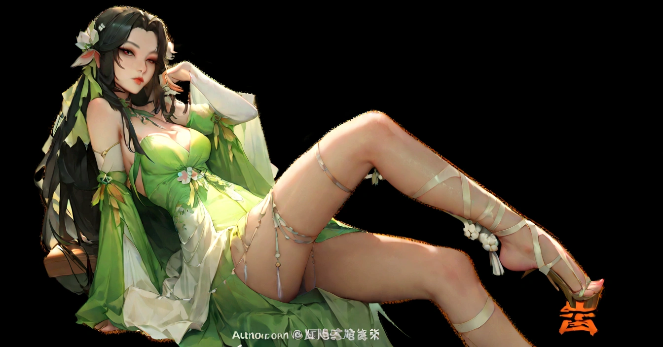 Alafid woman in green dress sitting on chair, Popular on cgstation, Popular on cgstation, full body xianxia, cgsociety - w 1 0 2 4 - n 8 - i, author:Yang Jie, guweiz, author:Cold plum, Yoshitomo Nara, cgsociety and fenghua zhong