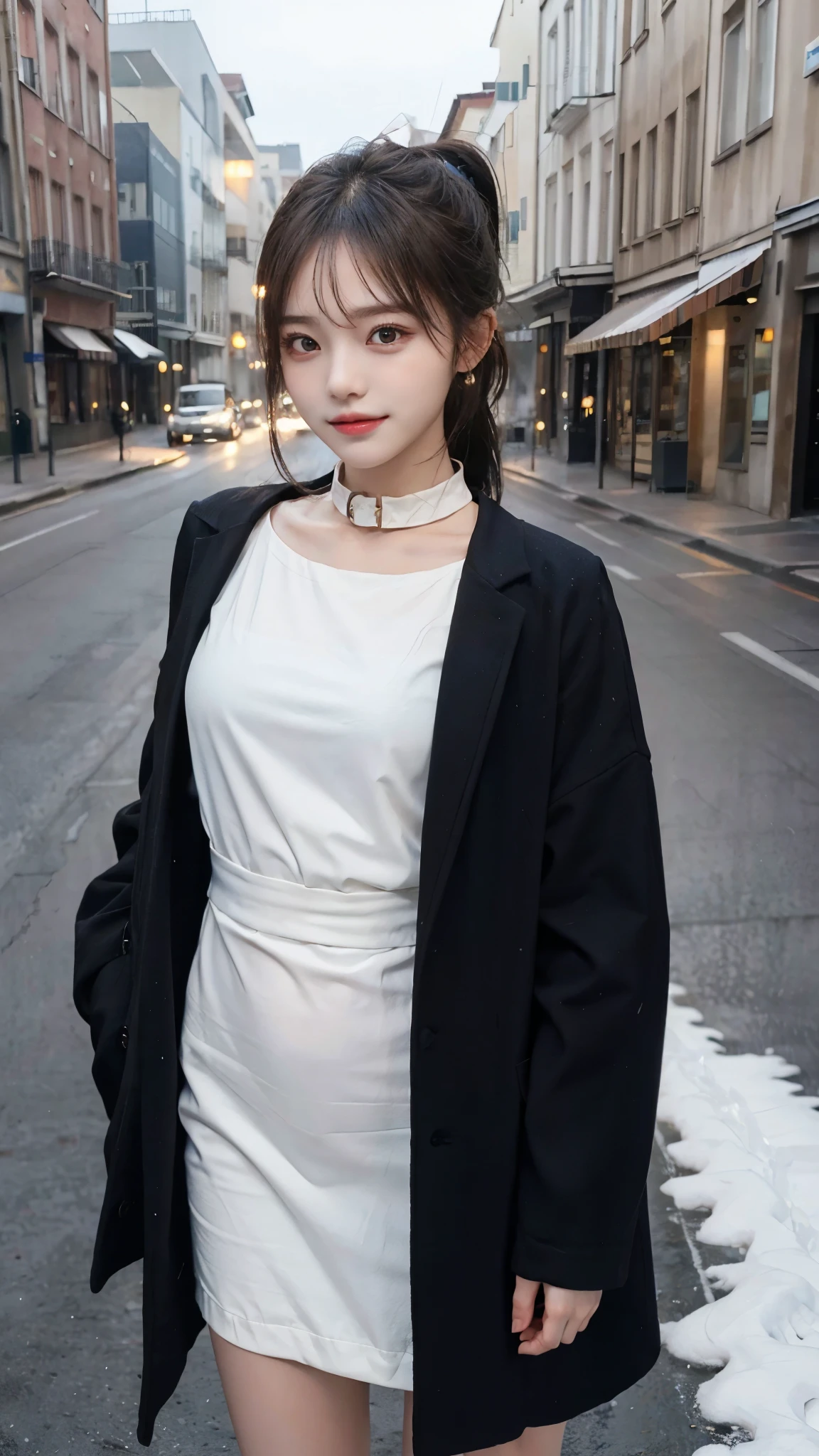 One woman,fully body photo,masutepiece, The highest image quality, High quality, the background is clear，Beautiful woman, Japanese, Detailed, Detailed eyes, Detailed skin, Beautiful skin, 超hight resolution, (reality: 1.4),Very beautiful woman, Slightly younger face, Beautiful skin, slender, (Ultra photo realsisim), (hight resolution), (32K), (Very detailed) (beautifully detailed eyes), (super detailed), (Detailed face), view the viewer, Fine details, Detailed face, Staring straight ahead, Staring straight ahead, photos realistic, Bright lighting, Professional Lighting, Black hair,poneyTail,a baby face,fifteen years old,Hairstyle is ponytail,long ponytail hairstyle,slight smile,neat and tidy clothing,European Streets,Beautiful KPOP idol photo, hair style is ponytail, my eyes are double and wide, baby face, smile and look straight ahead, slender, small breasts,neat and tidy clothing,European Streets,winter Clothing,snowing,Coat with collar,