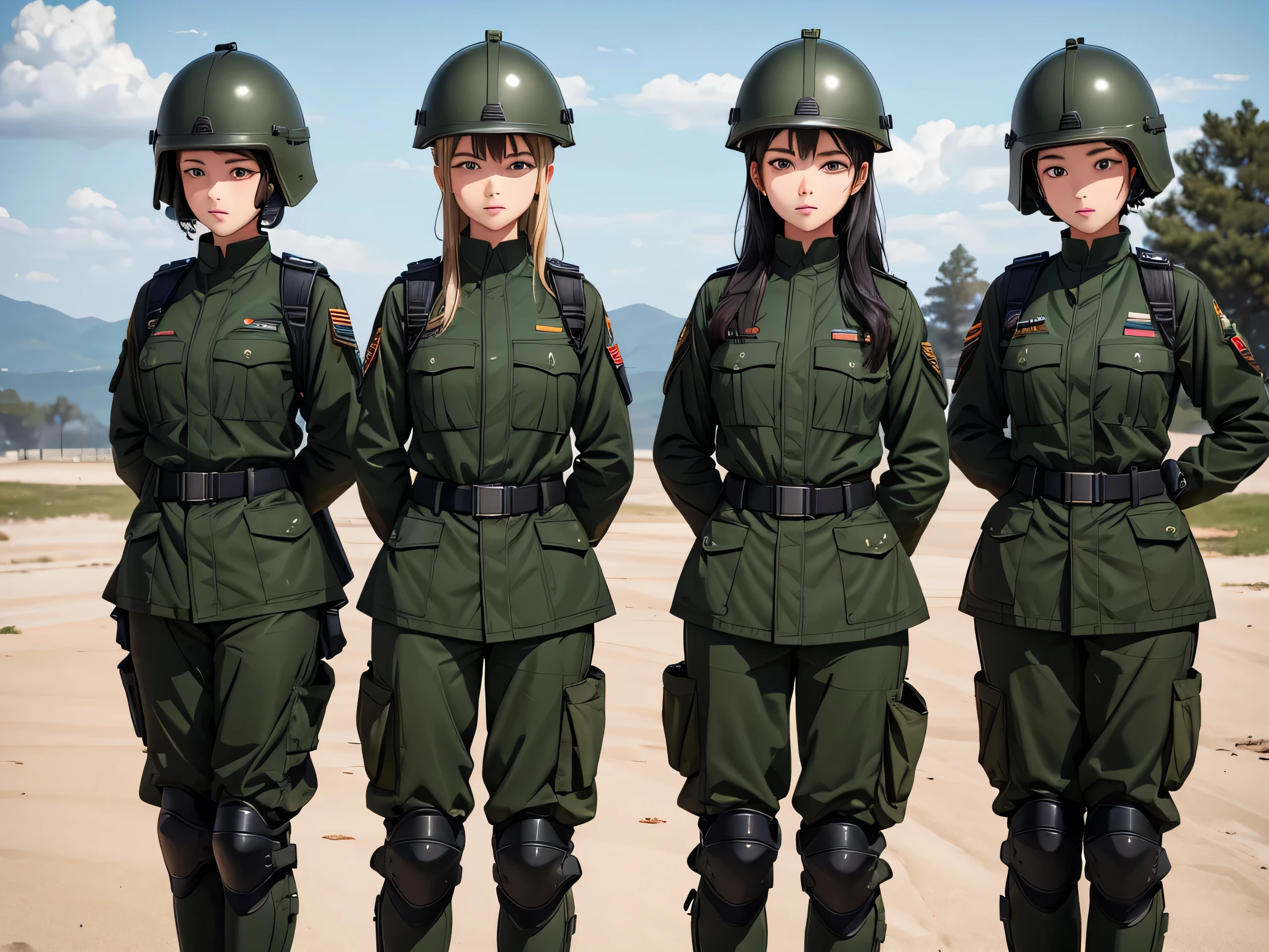 Four female soldiers wearing tactical helmets stand at attention，Wear dark green military uniform、The same posture、Open your feet、Wearing only military trousers、No knee pads、Military base entrance，Write details、masterpiece、best quality、Highly detailed CG、8K picture quality