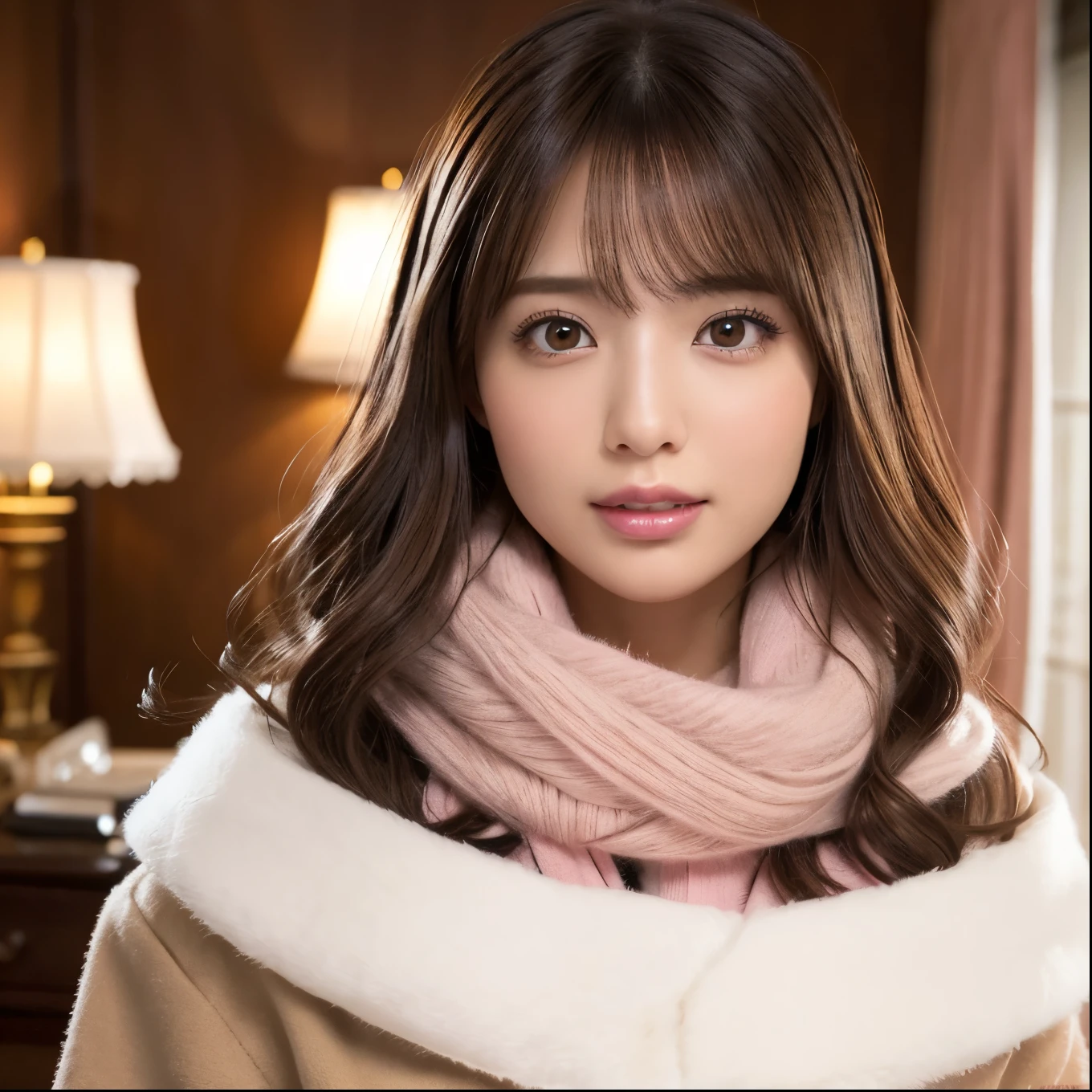 (Tabletop、highest quality、8k、Award-winning works、Ultra-high resolution)、One beautiful woman、(Roomy camisole:1.1)、Exactly、Brown Hair、blonde、(The most natural and accurate pink long scarf:1.2)、Very long wavy hair、Spectacular Cinema Lighting、(Romantic love mood:1.1)、(The most romantic and moody atmosphere:1.1)、Bedroom、Light up your face、ベッドが置いてあるBedroom、look at me、(Small, flat chest, girlish:1.1)、(Body lines can be seen through:1.1)、Chestnut-coloured hair、Blurred Background、Accurate anatomy、Ultra HD Hair、Ultra-high resolutionの完璧な美しい歯、Ultra-high definition beauty face、Ultra HD Hair、Ultra-high definition sparkling eyes、輝くUltra-high resolutionの美肌、Ultra-high resolutionの艶やかな唇、(Face close-up:1.3)