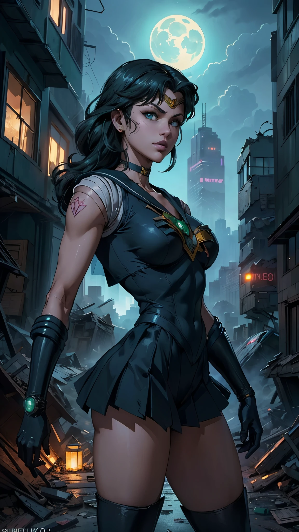 (La mejor calidad,A high resolution,Ultra - detallado,actual),Selena Gomez ,(Fondo de ruinas de mazmorra en ruinas cyberpunk :1.4 ), (Uniformes de sailor moon senshi:1.4), cabello verde oscuro, cabello mediano, Falda suplicante, (Guantes blancos de codo:1.1), joya, pecho mediano, dynamic background, dynamic posture,More detailed 8K.motor irreal:1.4,HD,La mejor calidad:1.4, fotorrealista:1.4, textura de la piel:1.4, obra maestra:1.8,obra maestra, mejor calidad,objeto Objeto], (rasgos faciales detallados:1.3),(dedos detailed :1.4 ),(Apocalyptic city destroyed:1.7), gargantilla, (Guante Blanco:1.4), gargantilla verde, Arboledas de codos, joya,(fondo atardecer:1.4),(sailor moon Neptuno:1.4),(pose vaquero :1.4), (ojos hermosos verdes :1.4), ,( ciberpunk 2.1), (estilo kawaii :1.4), ,(Fondo de ruinas de mazmorra en ruinas cyberpunk :1.4 ), (cinematic lighting :1.4), (perfect anatomy V2.1), (looking at viewer:1.25), (Selena Gomez :1.4), (Selena Gomez V2.1), (neon cyberpunk V2.1),( fondo Luna brillante grande :1.4) 