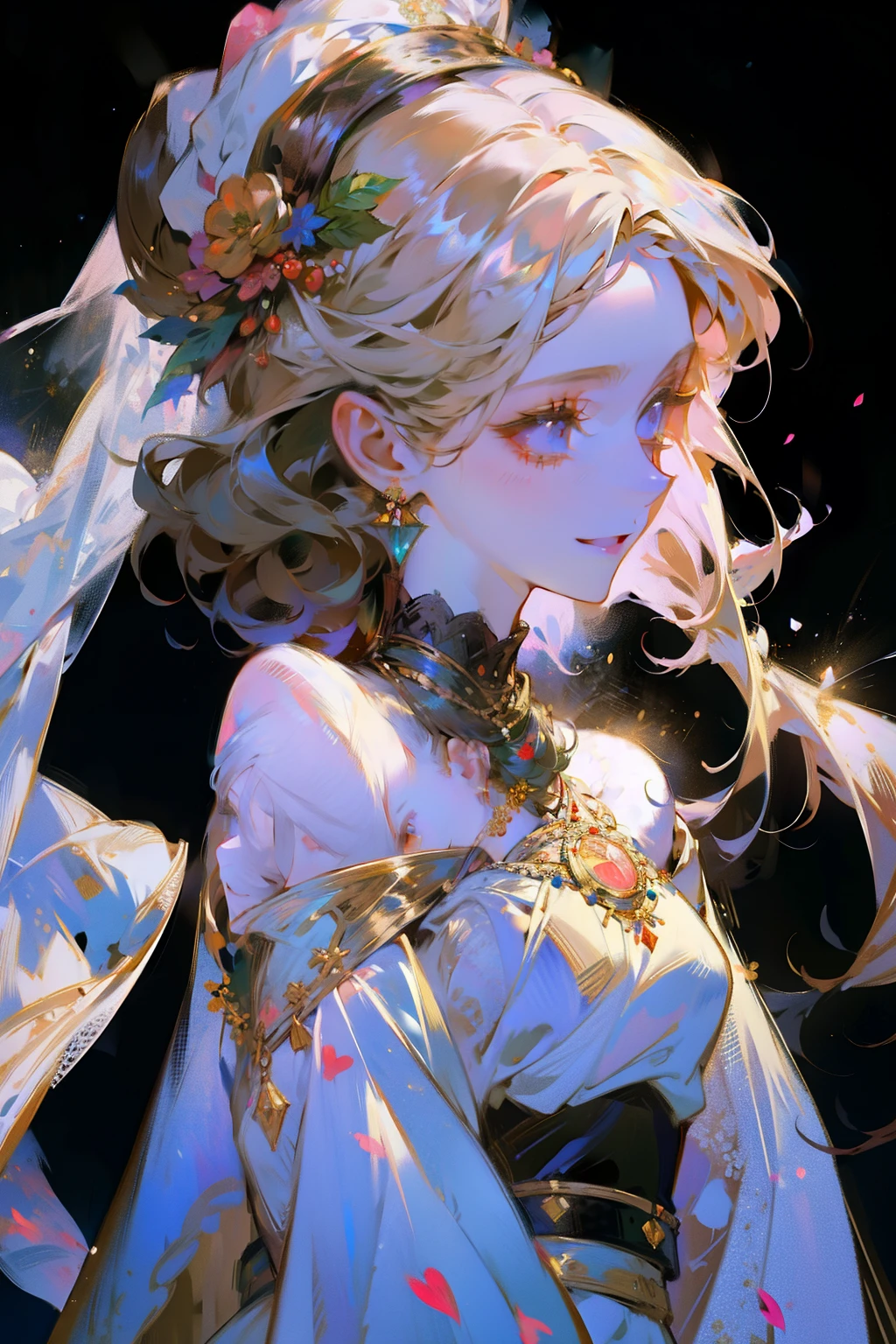 ((best quality)), ((masterpiece)), (detailed), 1girl, off-shoulder sweater, Wedding scene,Bride in a white wedding dress,Smiling slightly,Perfect face